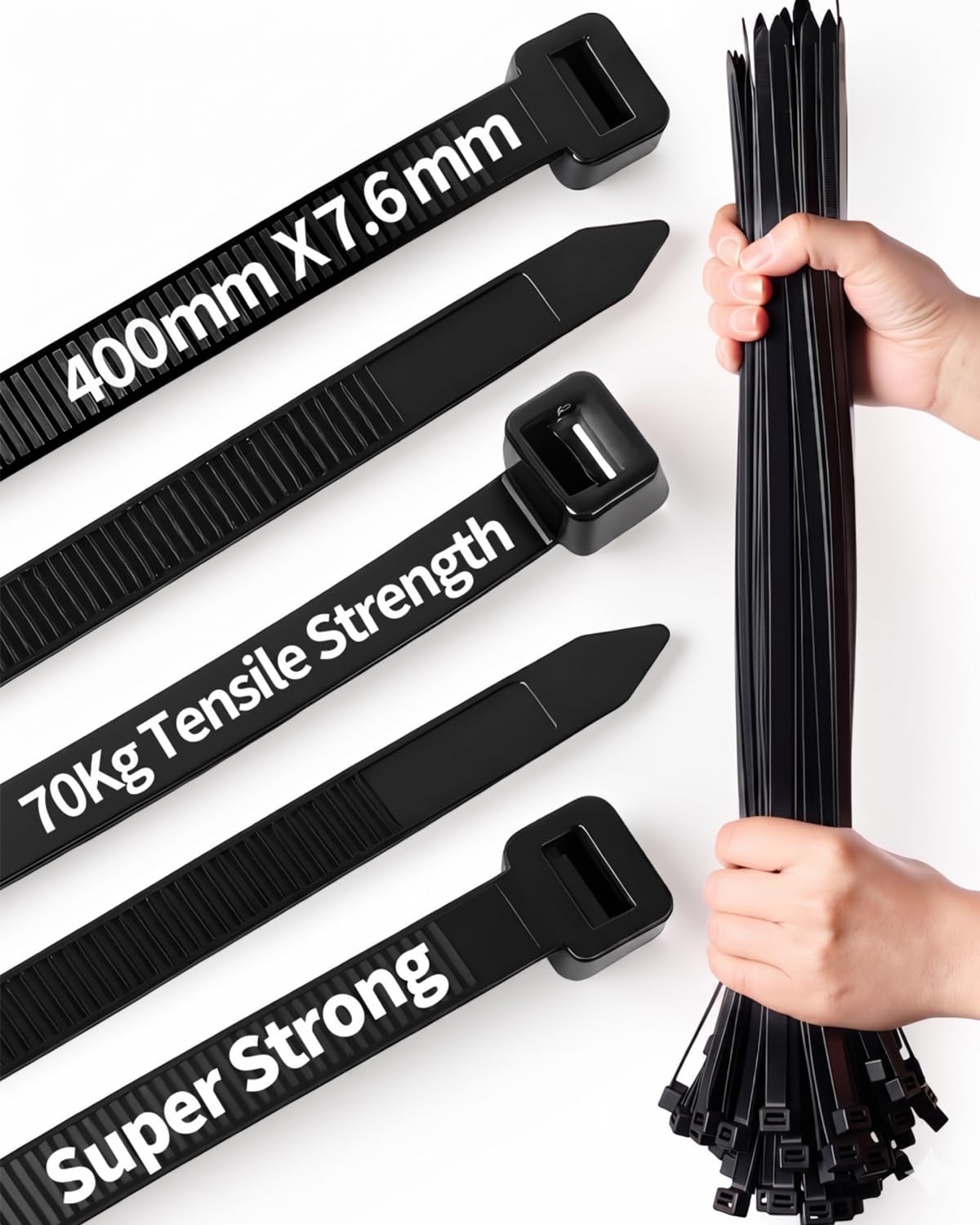 100 PCS Cable Ties Black,Zip Ties Heavy Duty, 400mm x 7.6mm with 70 KG Tensile Strength, Large UV Resistant Long Tie Wraps for Outdoor Use (Black, 400mm x 7.6mm 100pcs)