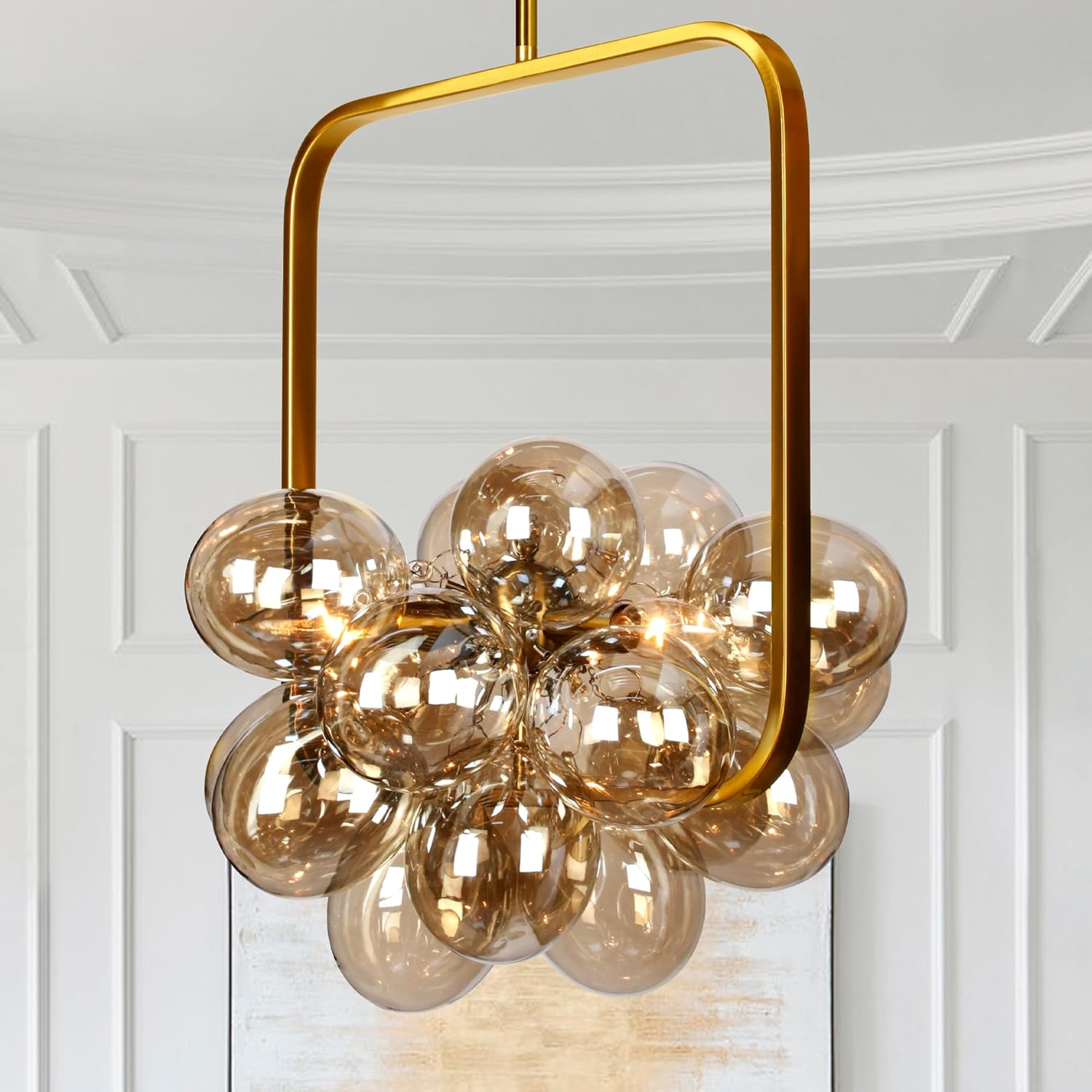 Gold Bubble Chandelier, 15''Hand Blown Glass Chandelier, Champagne Bubble Light Fixture for Dining Room, Bedroom, Study, Kitchen Island 15"DIA Gold-Amber