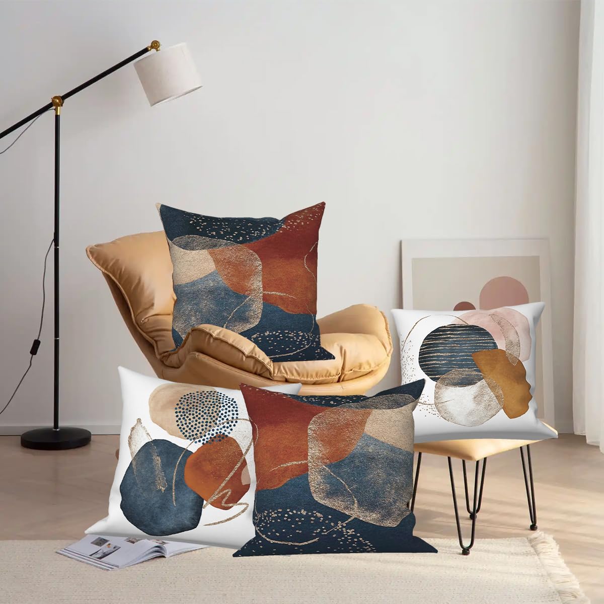 Abstract Boho Throw Pillow Covers 26''x26'' Set of 4, Minimalism Geometric Strips Cushion Covers Navy Blue Bohemian Pillowcases for Couch Sofa Bedroom Farmhouse Livingroom Garden Patio - Image 6