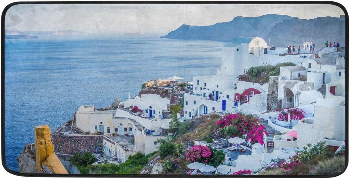 Santorini Village Greece Island Sea Kitchen Mats Indoor Outdoor Doormat Non Slip Kitchen Rug Comfort Small Floor Mat for Home, 39" x 20"
