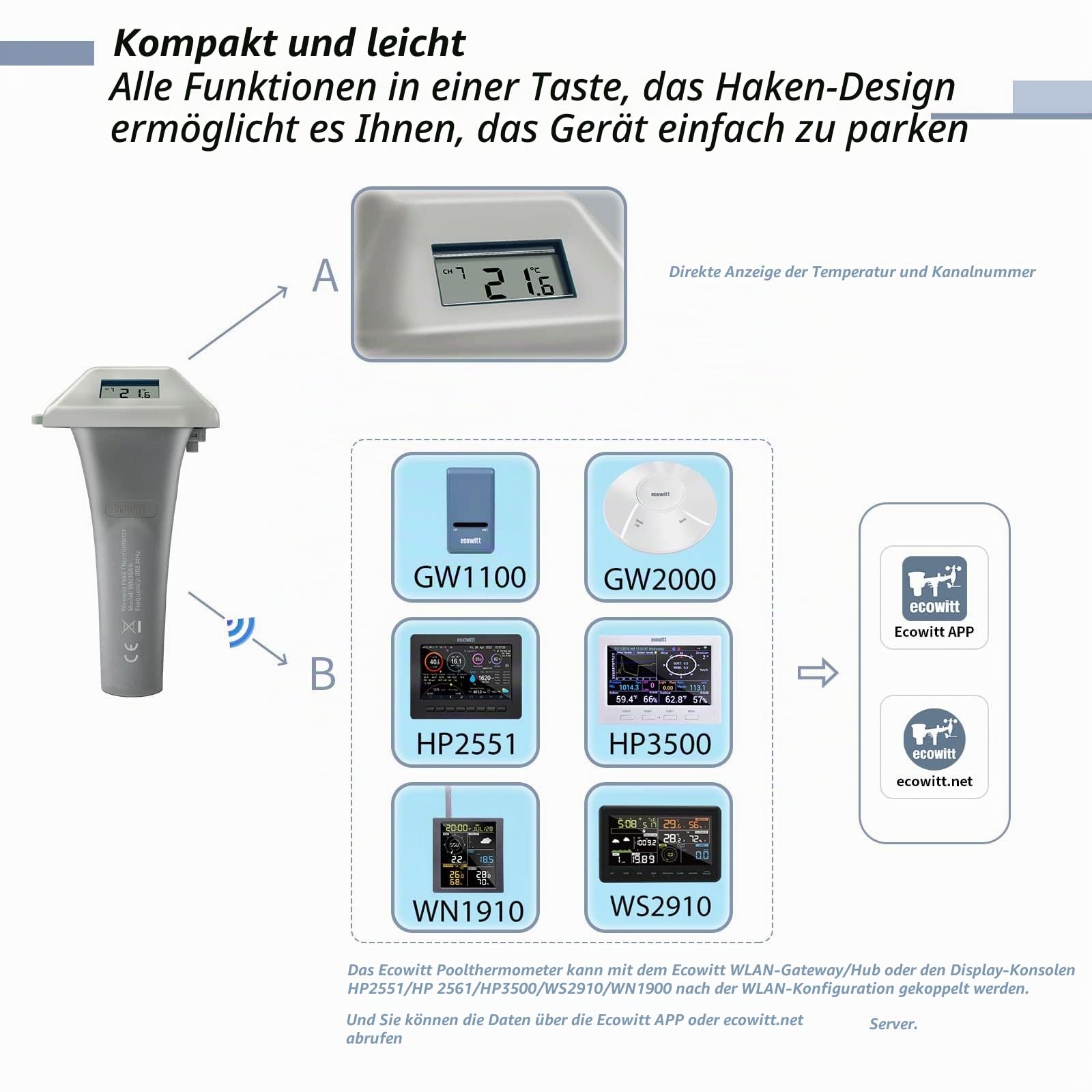 Ecowitt Pool Thermometer WN36, schwimmendes, gut ablesbares, kabelloses Pool-Thermometer für Schwimmbäder, Spas und Whirlpools, Unterstützung mehrerer Kanäle für Gateway GW1100/GW2000-Konsolen 868MHZ