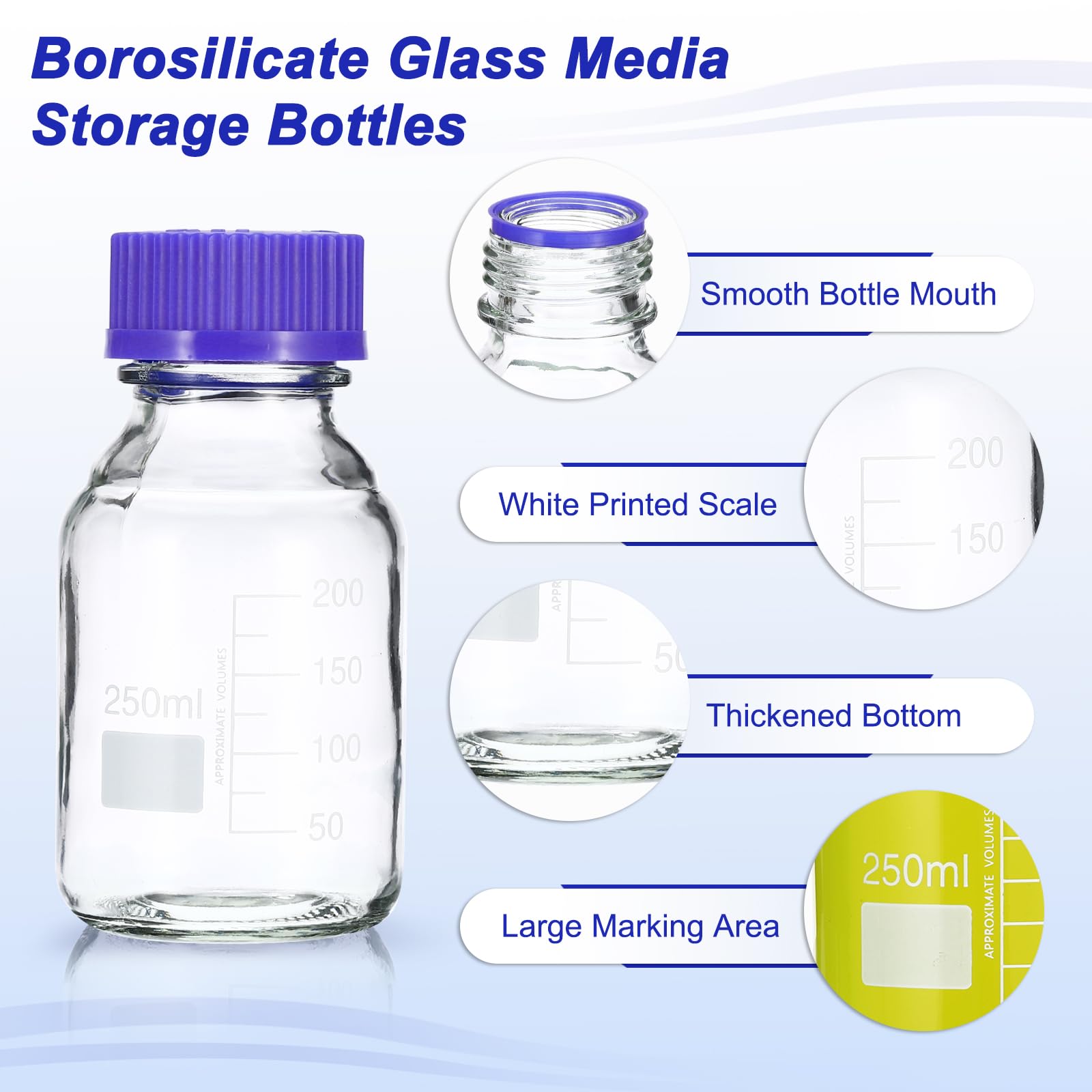PATIKIL 8pz Bottiglie Supporto Conservazione, 250ml Bottiglie Rotondo Graduato Vetro Borosilicato con GL45 Blu Tappo Vite per Liquidi Reagenti Acqua Laboratorio, Trasparente