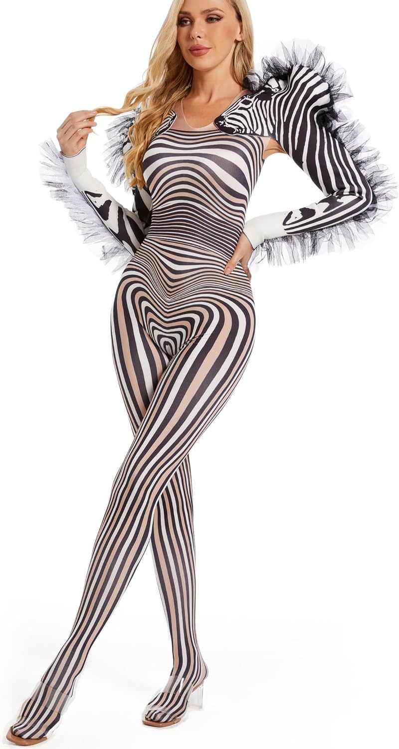 Zebra Pattern Jumpsuit for Women Tight Dance Drag Queen Costume Stretch Stage Wear Photoshoot Props Outfit (S M)