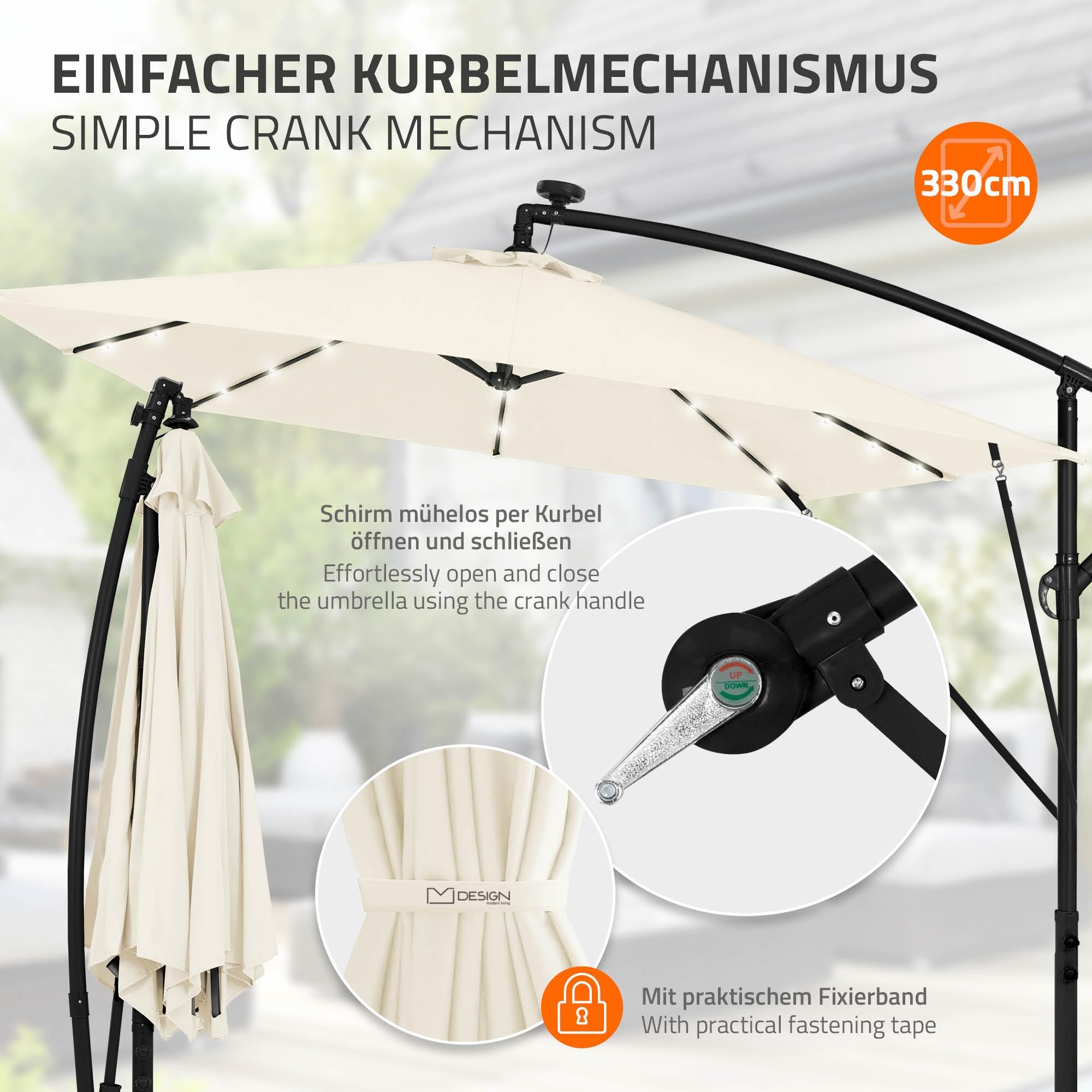 ML-Design Sombrilla de Jardín Ø 330 cm de Aluminio con/sin LED Parasol Voladiza de Terraza, Giratoria 360°, Inclinable y con Manivela Protección Solar UV50+ e Impermeable, incluye Soporte y Funda