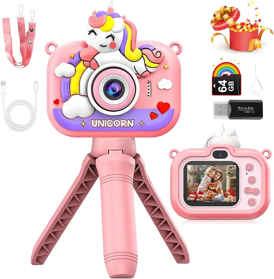 Câmera Fotográfica Infantil Selfie 96MP com Jogos - Unicórnio Rosa
