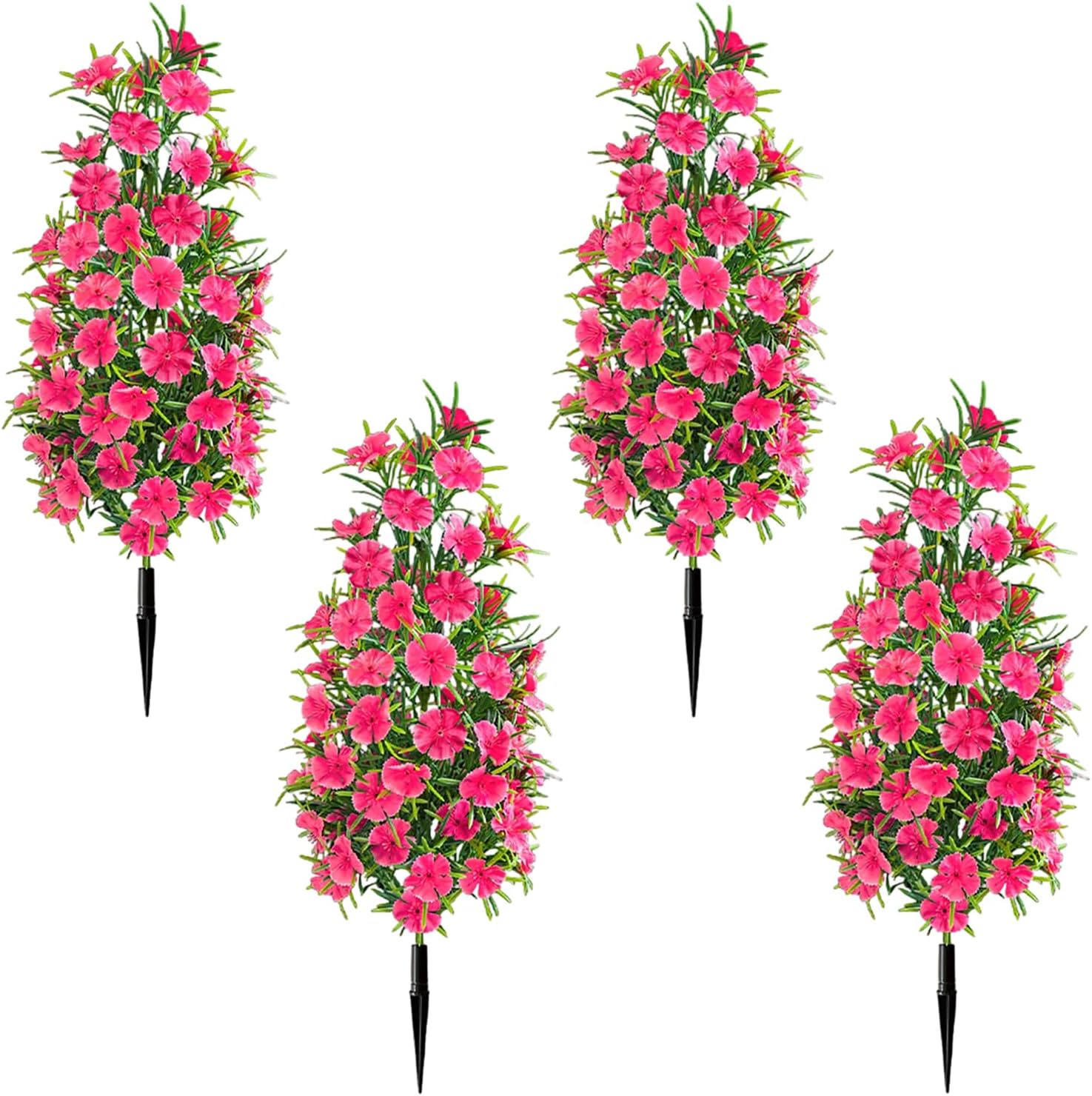 4 Pack Artificial Topiary Trees with Ground Spike for Outdoor, 19 Inch Realistic Faux Cone Shrubs with Flowers, UV Resistant Fake Plants Bushes for Garden Yard Porch Patio Home Decoration (Rose Red)