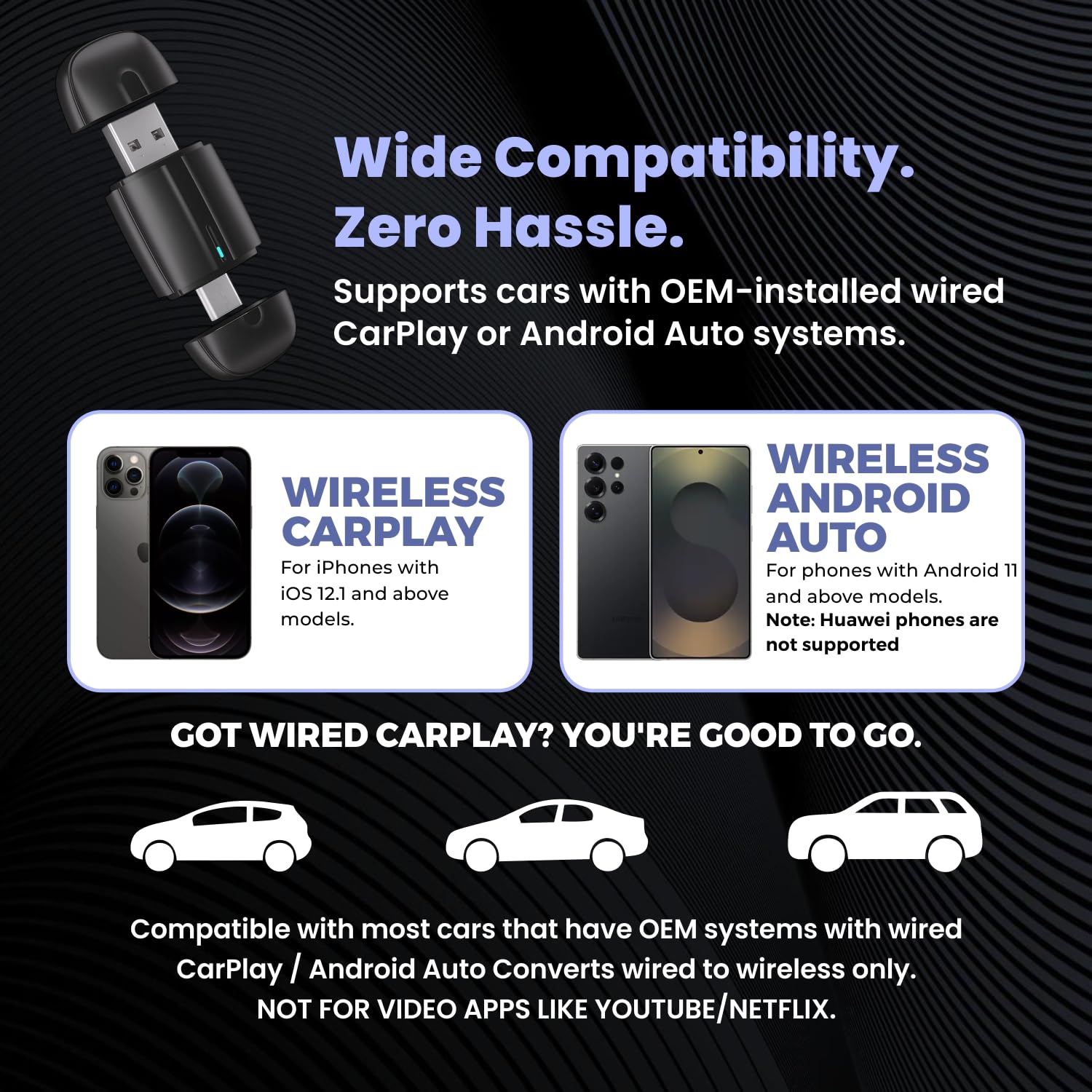 2-in-1 Wireless CarPlay & Android Auto Adapter | Converts Factory Wired CarPlay & Android Auto to Wireless | Plug & Play | USB-A & Type-C | BT v5.4 + 2.4G/5G WiFi Fast Auto Connection — Amazon image 8