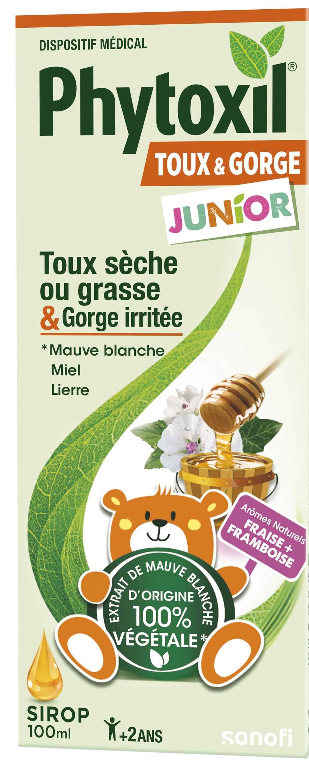 PHYTOXIL JUNIOR - Sirop 100ml - Dispositif médical - Calme la toux sèche et grasse - Apaise la gorge irritée - Arômes naturels fraise & framboise - Lierre Mauve blanche Miel - Enfants de plus de 2 ans