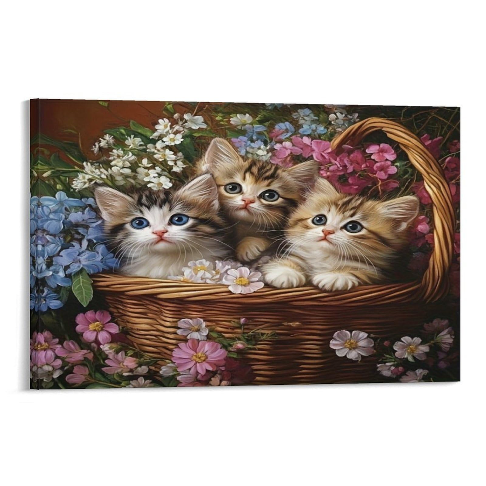 CPLVKWRQJ Cute Kittens Basket 1 Piece Three Kittens Flower Wicker Basket Canvas Wall Hanging - Living Room Gallery Wall Focal Point Fade Resistant Decor 20x30inch(50x75cm)