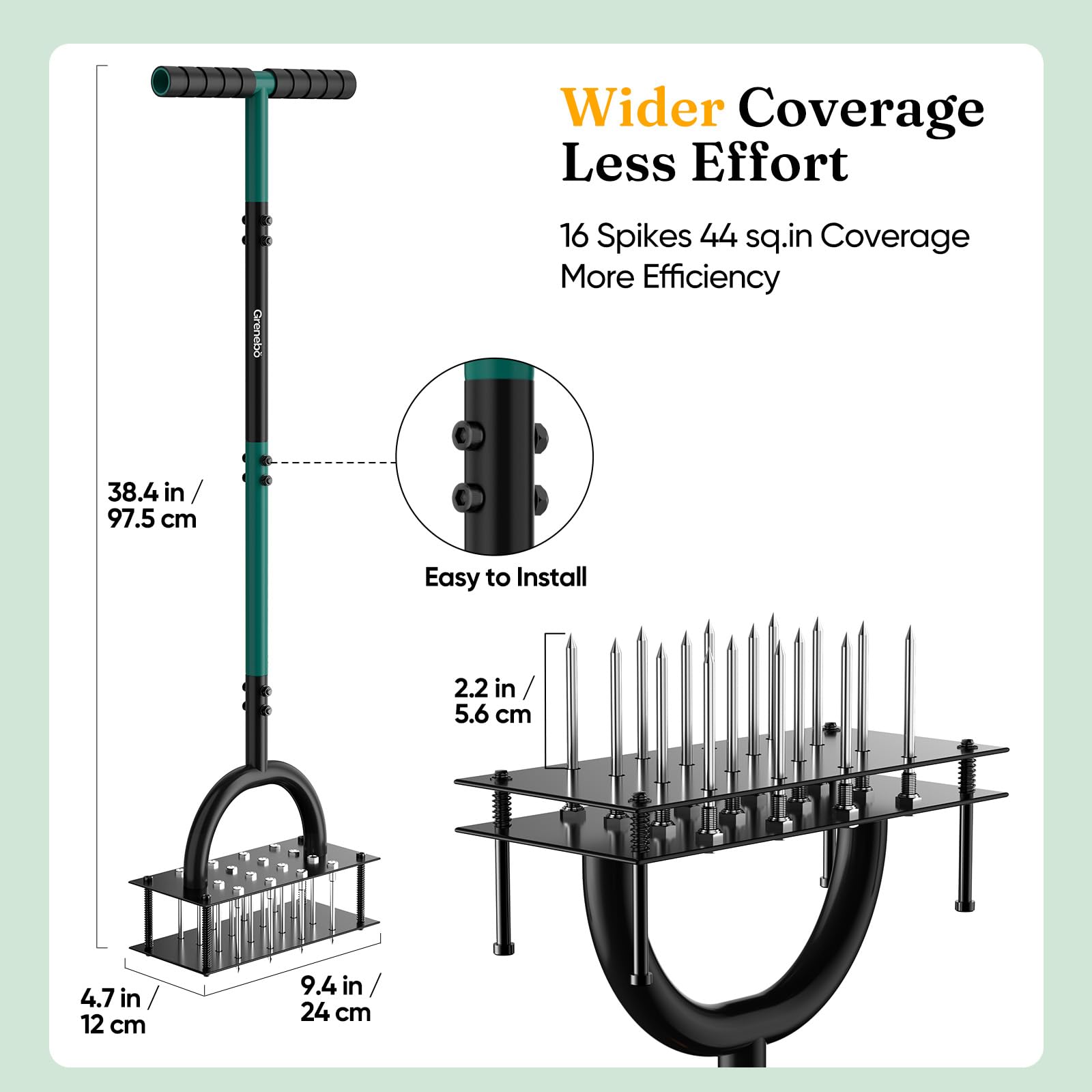 Grenebo Aeratore manuale per prato con 16 punte, aeratore in metallo per cortile, aerazione del prato, espulsione automatica del terreno, strumento aeratore per prato preassemblato (verde)