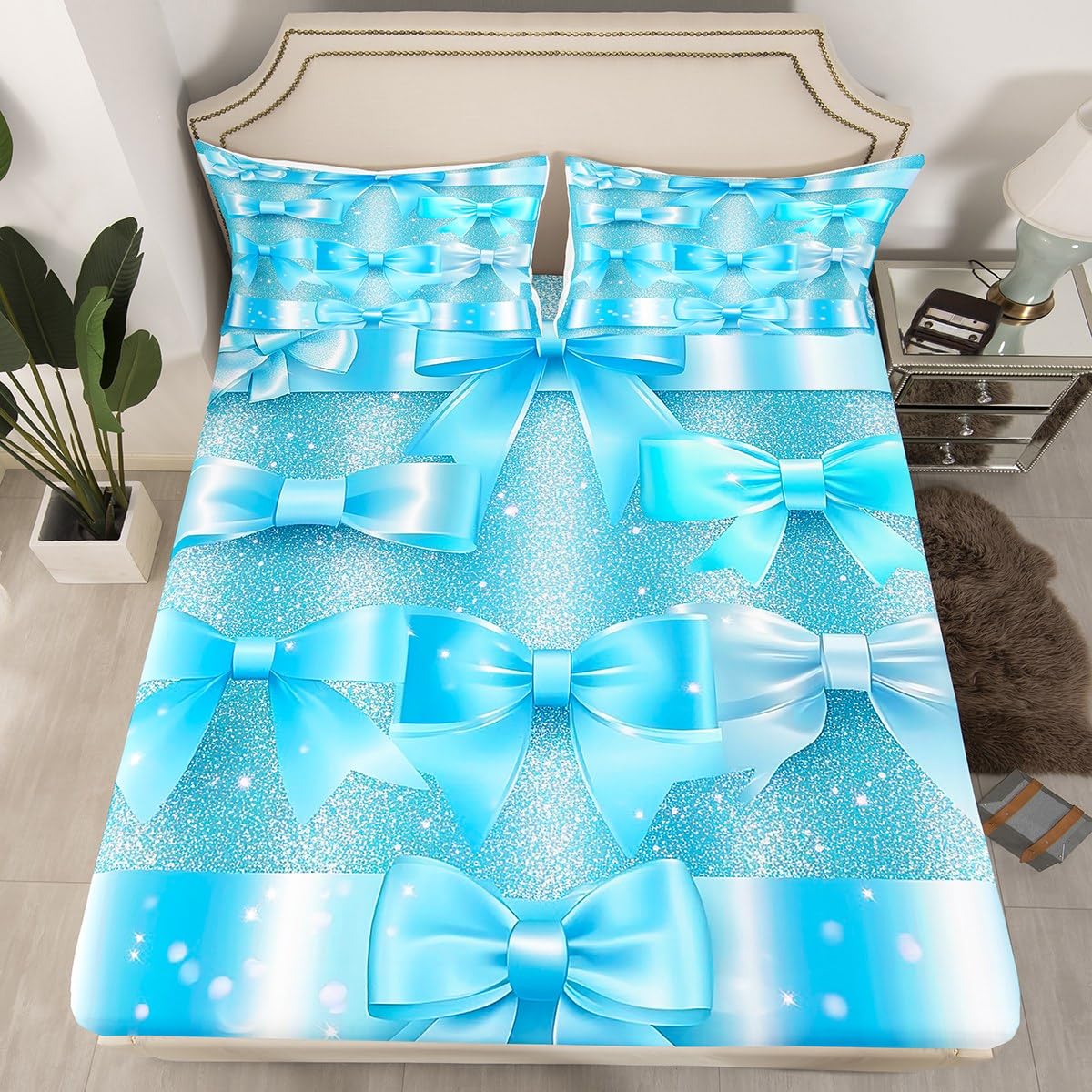 Erosebridal Bow Sky Blue Fitted Sheet Queen Cute Princess Silk Ribbon Bowknot Bed Sheets for Kids Girls Kawaii Room Decor,Coquette Butterfly Knot Bedding Set Bow Tie Girly Sweet Bed Cover 3 Pcs