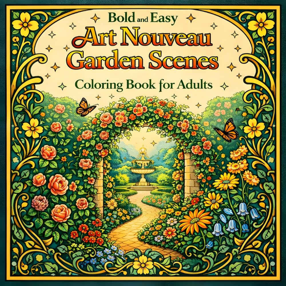 Bold and Easy Art Nouveau Garden Scenes: Coloring Book for Adults with Nature, Flowers and Peaceful Landscapes (Bold and Easy Art Nouveau Coloring Books for Adults)