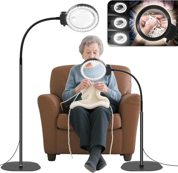 10X 30X Floor Magnifying Glass with Light and Stand,36 LED Flexible Gooseneck Magnifying Lamp, Adjustable Brightness Large Lighted Magnifiers for Reading,Sewing,Crafts,Painting,DIY,Close Work
