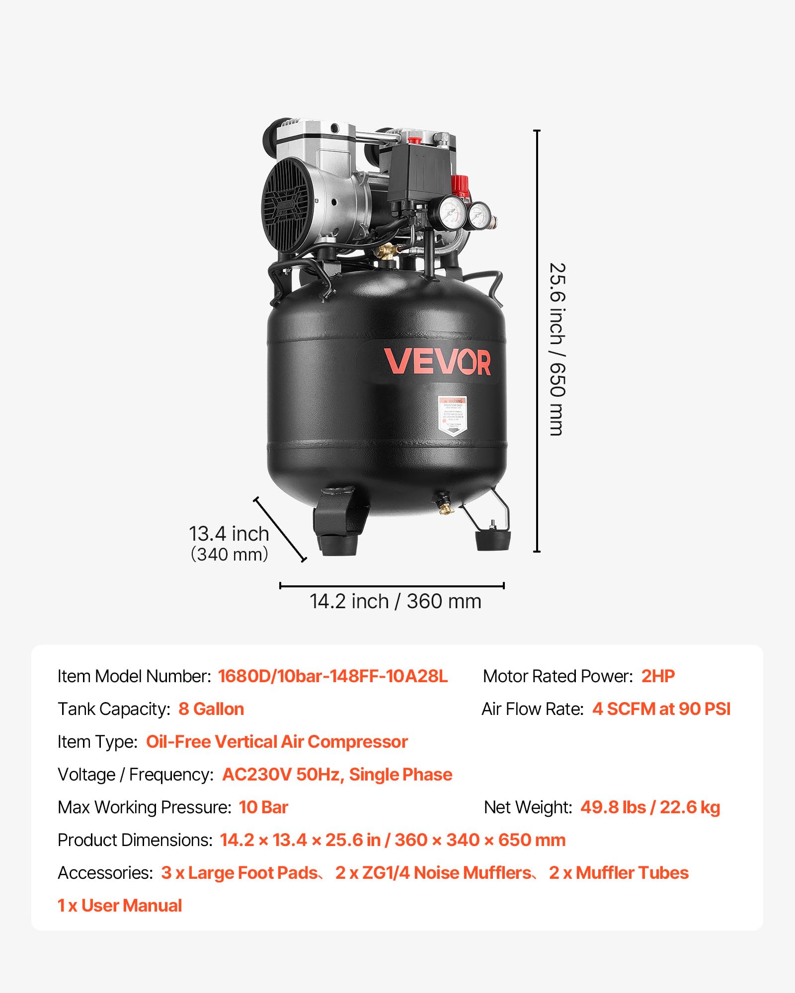 VEVOR Druckluft Kompressor 30 L, Luftkompressor 2PS, 113 L/min bei 6,2 bar, Max. 10 bar Druck, Ölfreier Kompressortank für Autoreparaturen, Reifenbefüllung, Lackierarbeiten, Holzarbeiten & Nageln