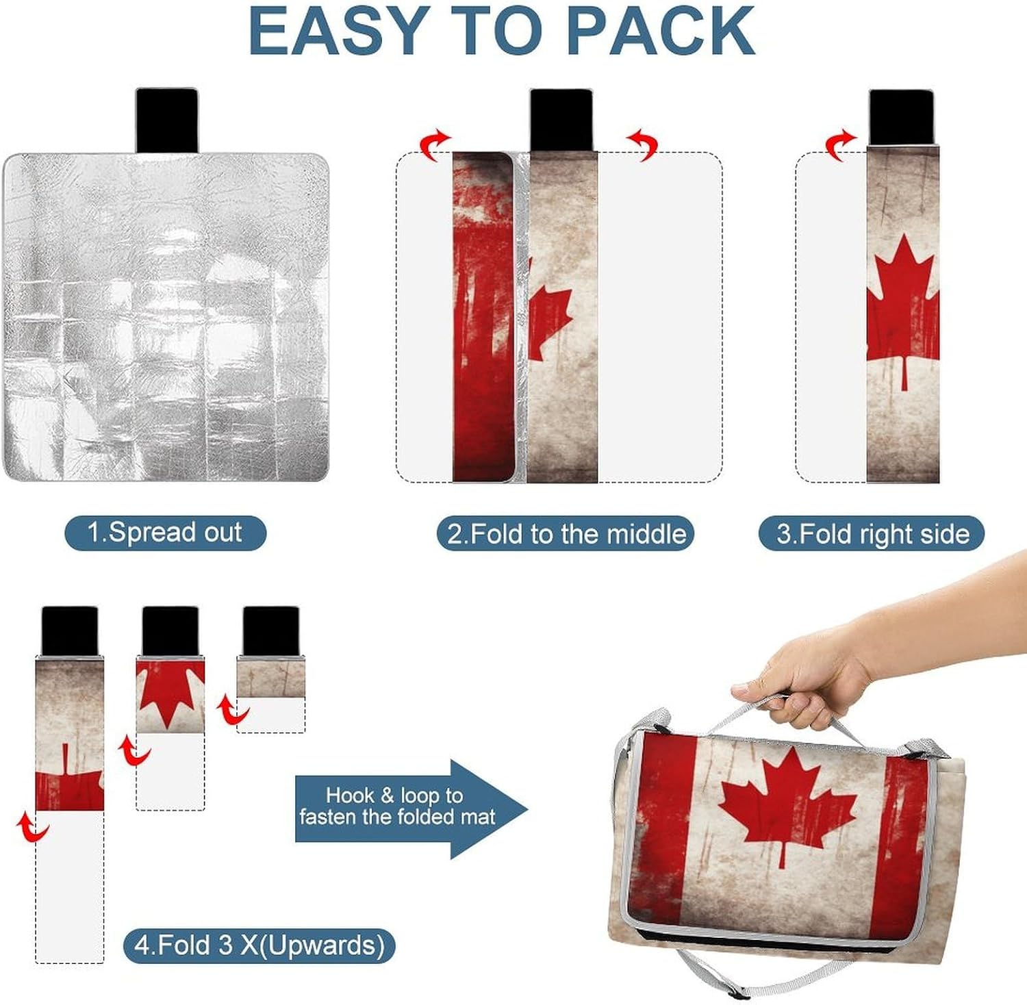 Retro Canada Flag Picnic Blanket Outdoor, Square Foldable Lightweight Waterproof Beach Mat (58.3" X 58.3"), Portable Travel Rug for Beach, Camping, Lawn, Parks & Family Picnics
