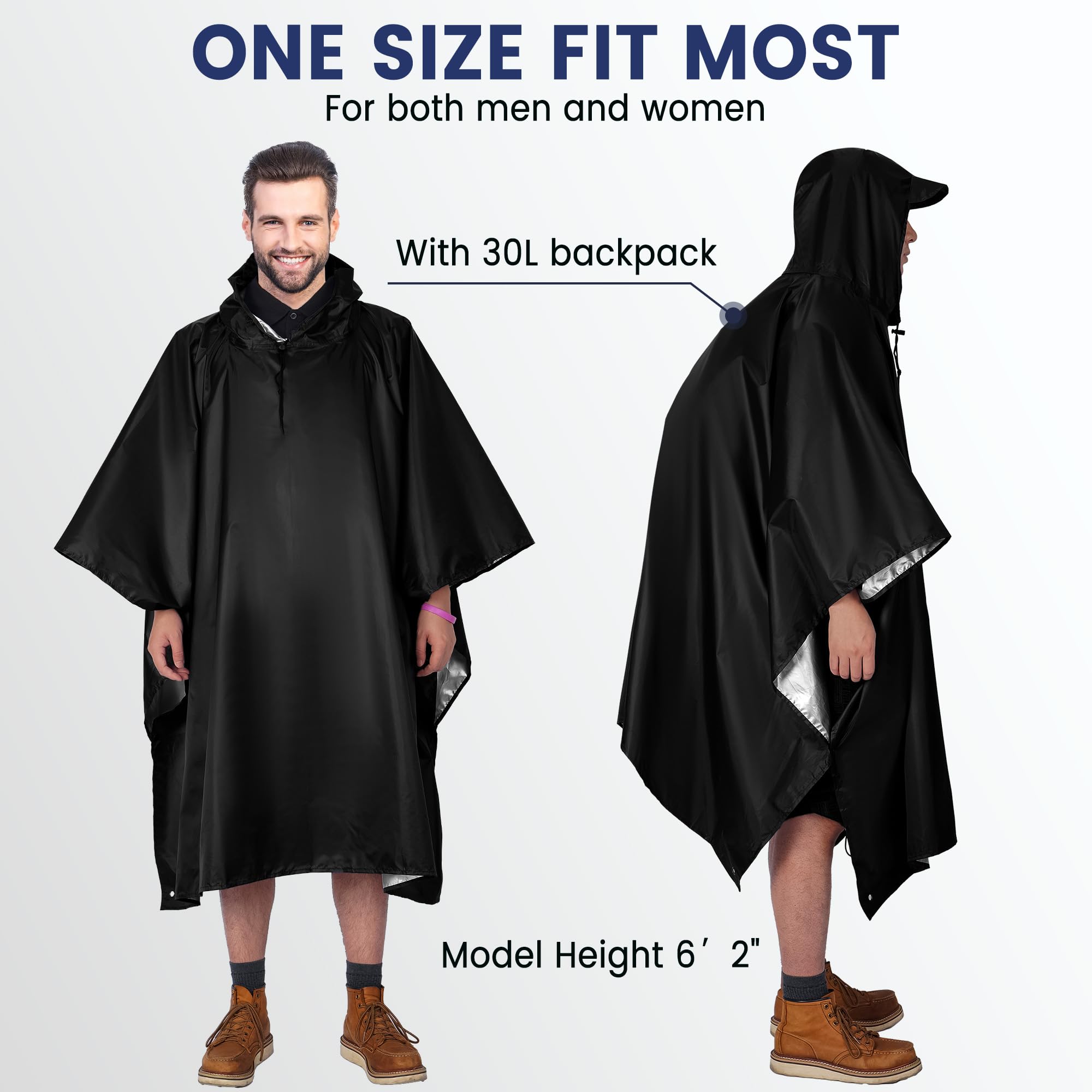 Vortix Poncho de pluie réutilisable 3 en 1 pour homme et femme, veste de pluie, Noir, L