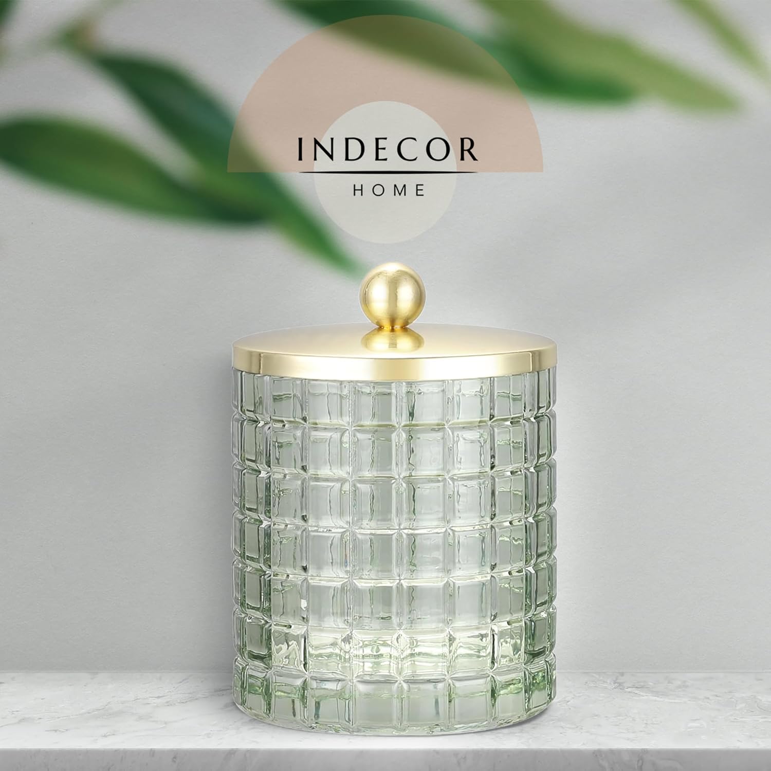 Sage Colored Tranlucent Apothecary Etched Geometric Grid Glass Jar W/Gold Metal Lid Cover for Bathroom Organization, Cotton Balls, Q Tips, and Small Accessories, Bathroom Storage - Image 2