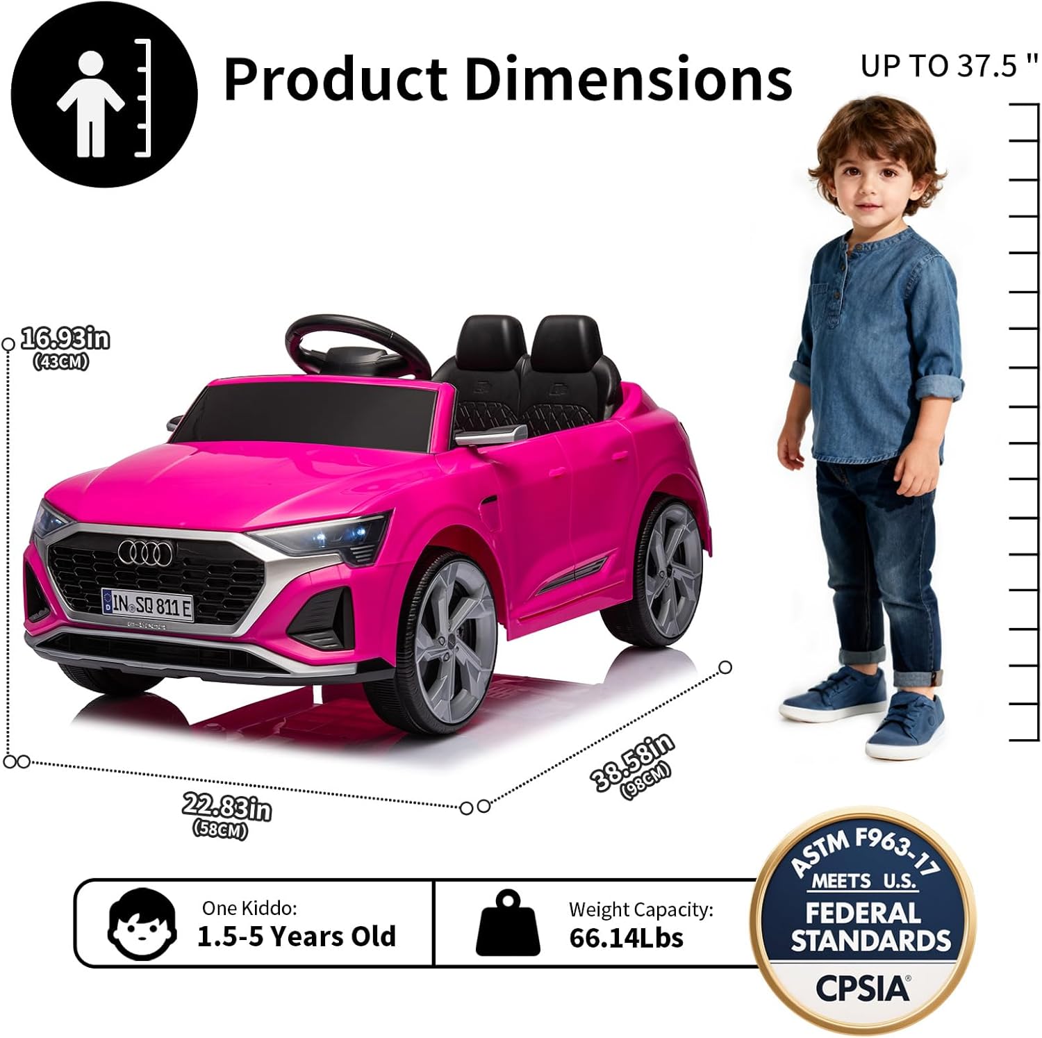 Licensed Audi 12V Children’s Electric Ride-On Car, Battery-Powered Electric Toy Car, Suitable for Boys and Girls Aged 3+, with LED Headlights, 2.4GHz Remote Control (Pink)