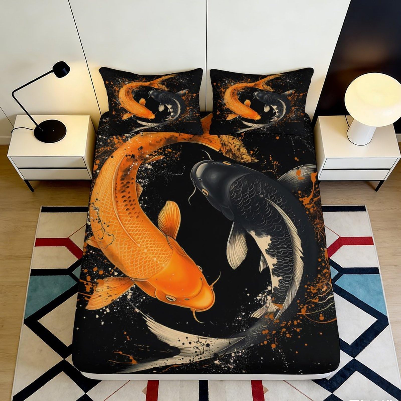 Dhbaneiok Style-4 3D Printed Koi Fish Fitted Sheet Microfiber Soft Breathable Black Orange Yin Yang Bed Cover For Bedroom Decor 90X200x25cm