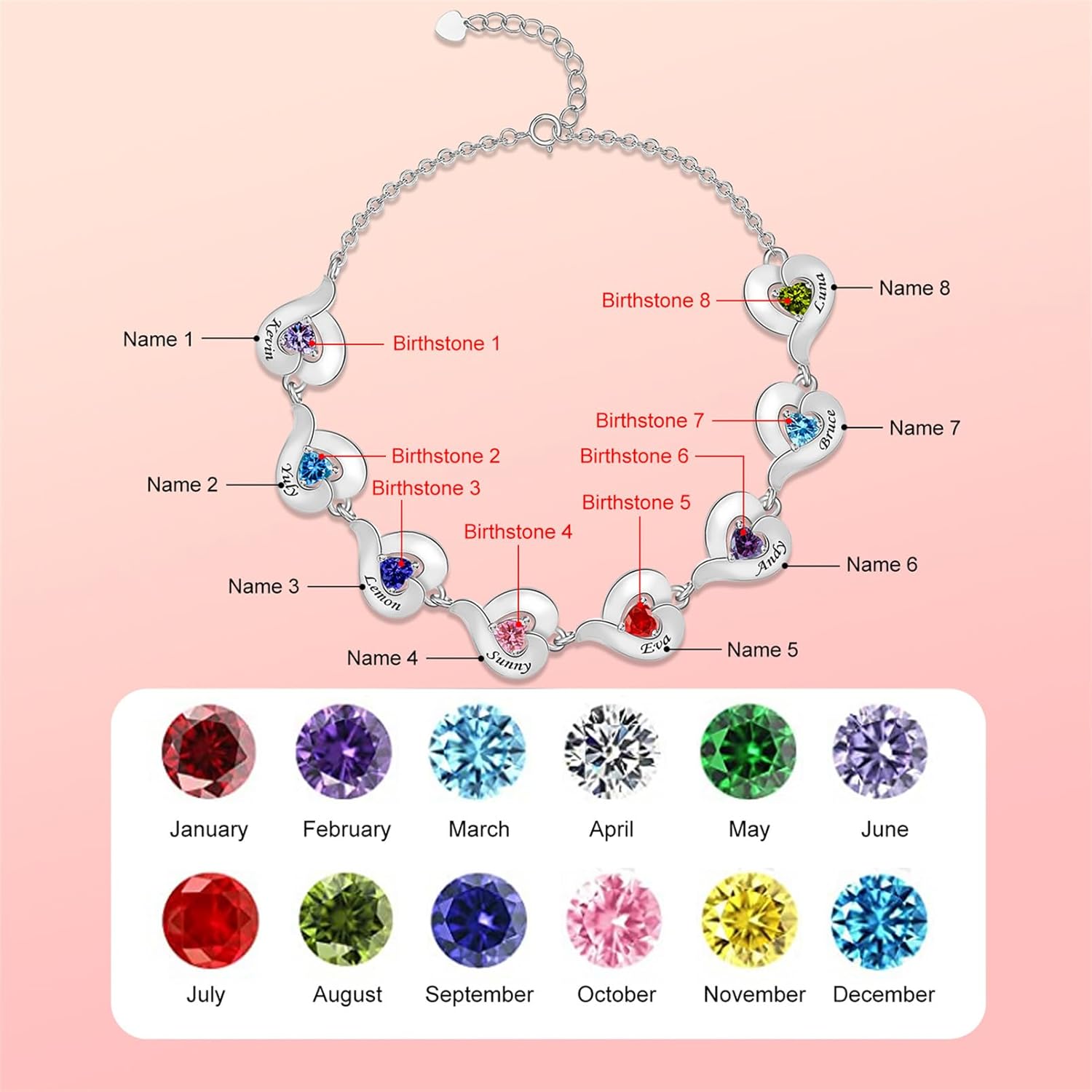 Personalized Women Bracelet Custom 1-8 Simulated Birthstones Bracelet for Women Customized Engraved Names Bracelet for Christmas Day Birthday Mother’s Day