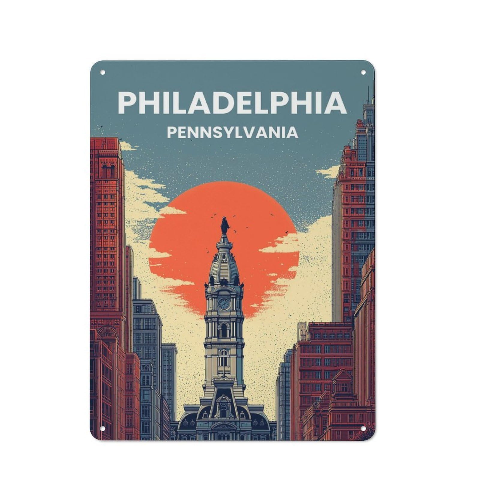 Philadelphia Pennsylvania Cityscape Art Retro Metal Wall Decor 40x30cm, Tin Wall Sign for Bakery, Diner, Cafe Or Family Room