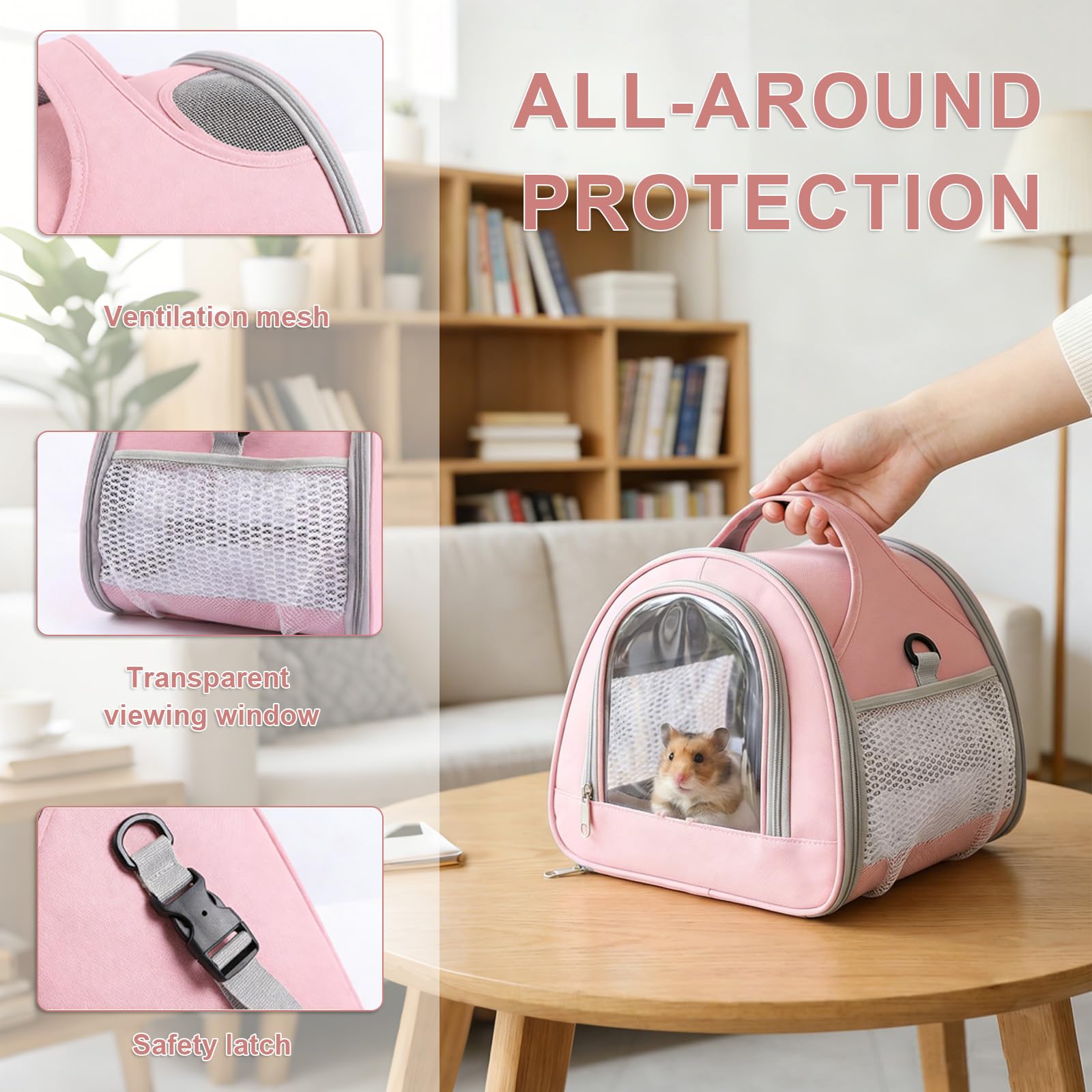 Sac de Transport Petit Animal, Cage de Voyage Pliable avec Fenêtre PVC et Grille Aérée, Bandoulière Réglable pour Hamster, Cochon d'Inde, Oiseau, Rongeur(30x25x25cm)