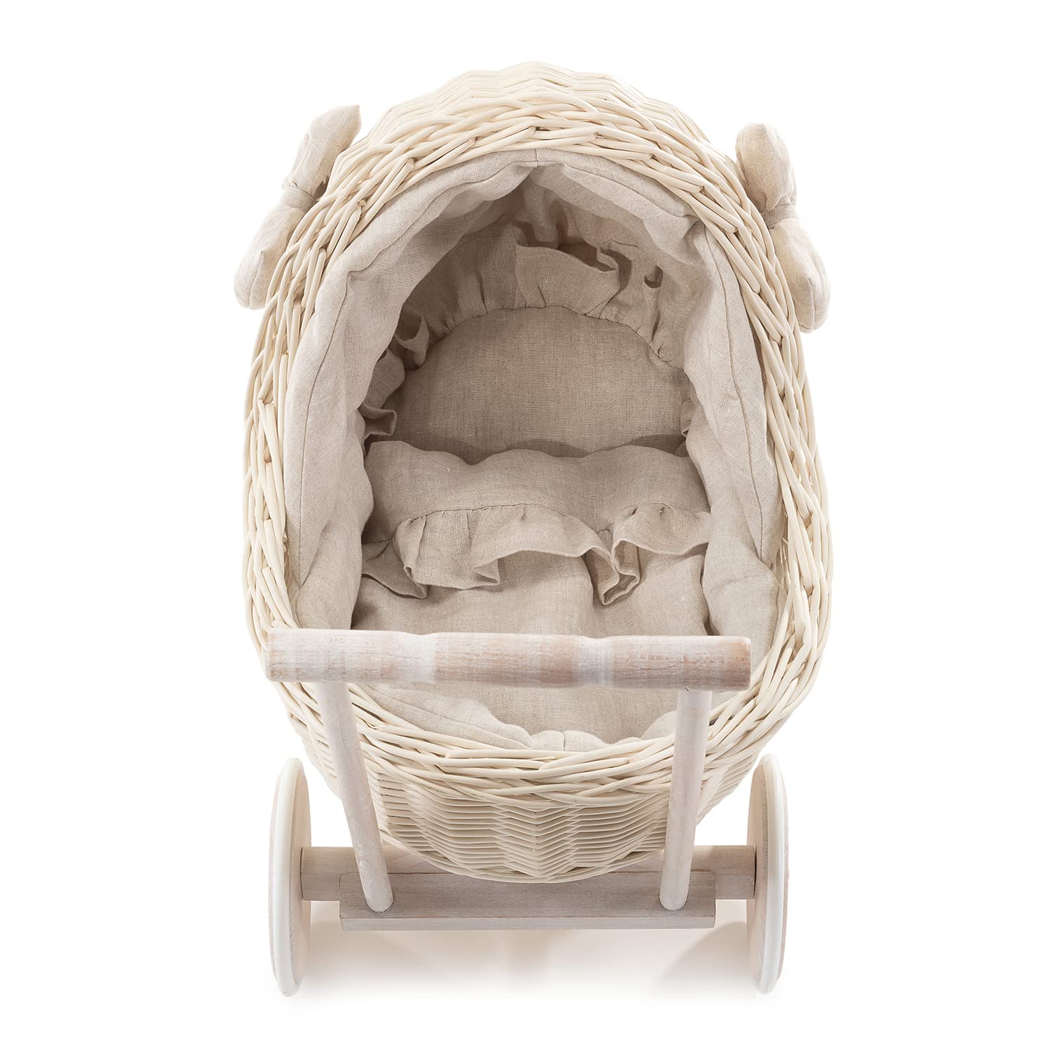 Poussette Poupée En Osier Blanc - Landau En Osier Et Bois, Jouet Bébé, Neuf
