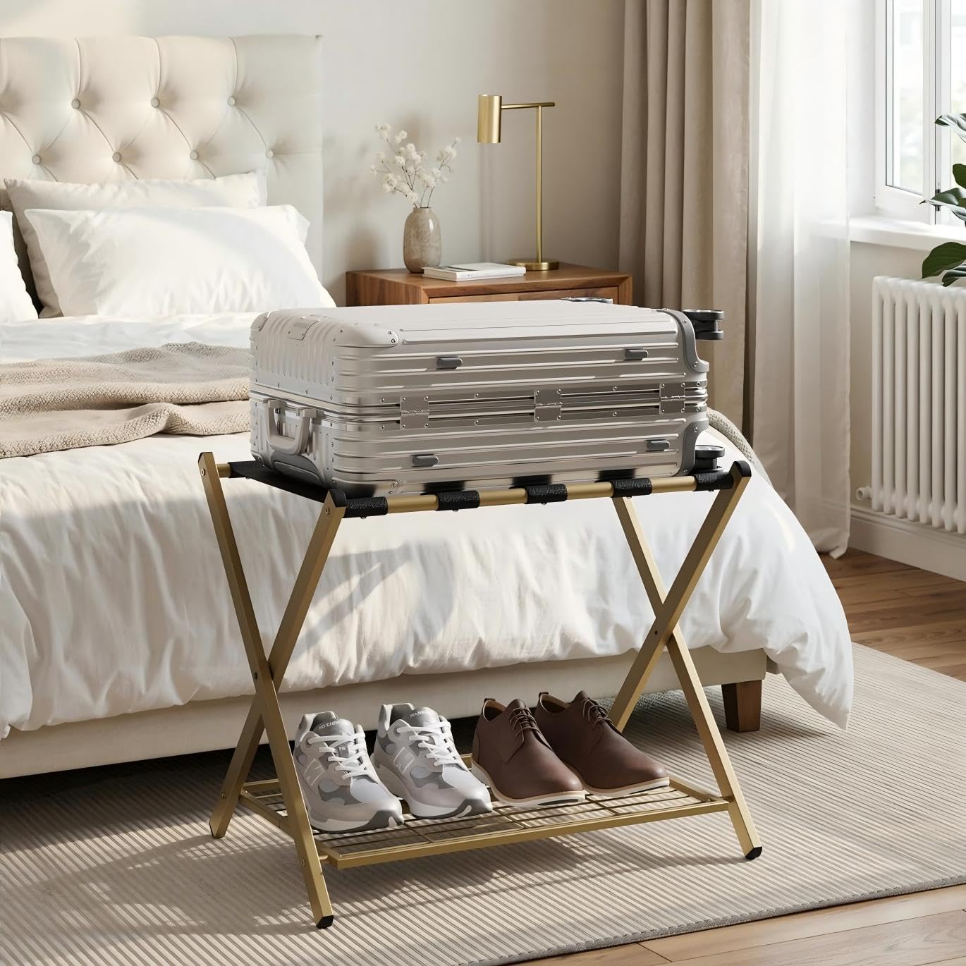 Porte-bagages pliable avec étagère à chaussures FENDEE, support de valise en acier doré