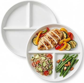 2 Pcs Portion Control Plate, Divided Plate, 9 Inch, White | Ceramic 3-Compartment Portion Plate, Dinner Plates, for Adults, Weight Loss, Healthy Eating and Bariatric