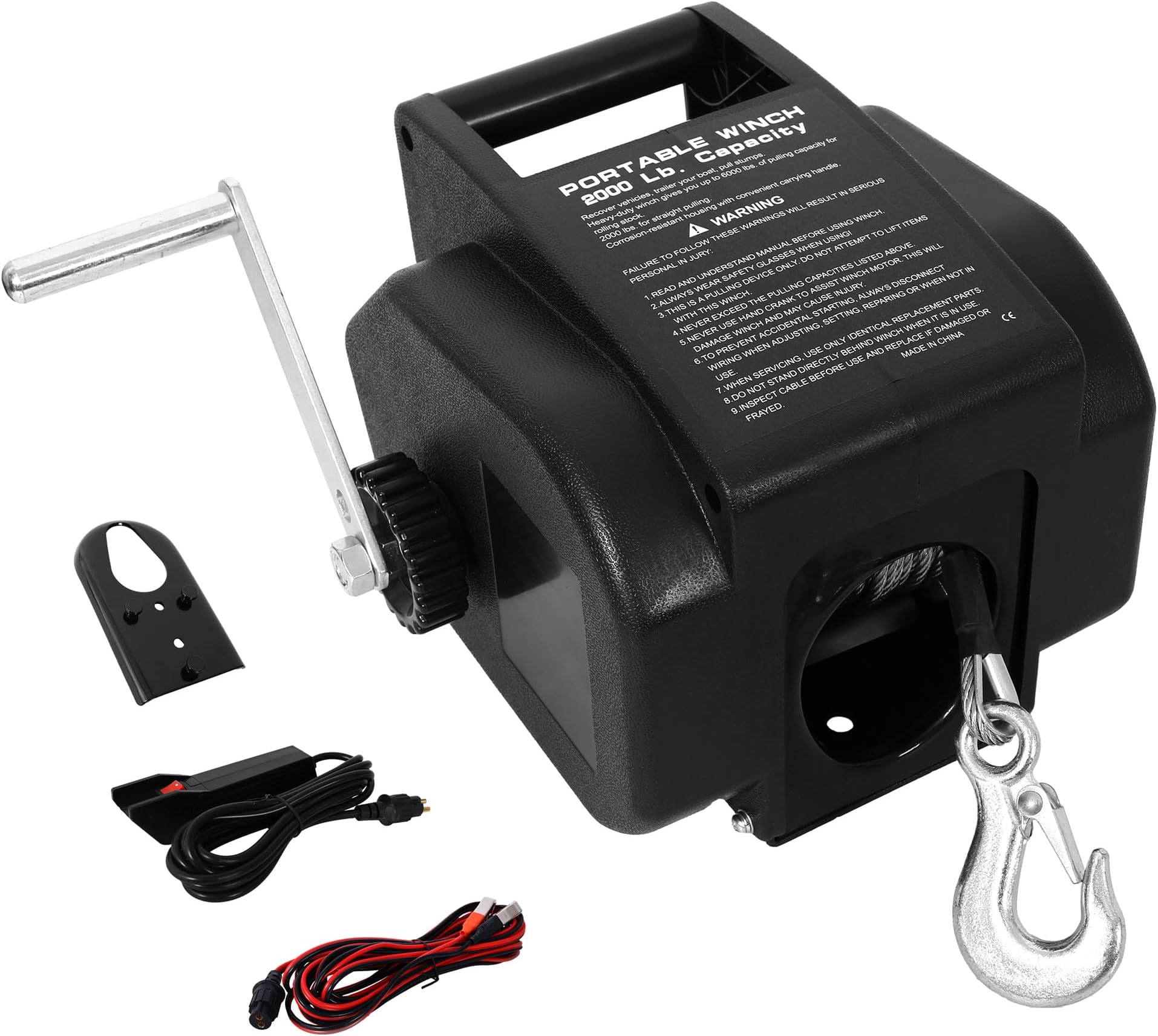 WIIS' IDEA 12V 5000 lb Load Capacity Portable Winch, Reversible Electric Winch for Towing ATV/UTV with Handheld Remote, Galvanized Wire Rope, Rapid Mount, Power in and Manual Out, Waterproof, Black