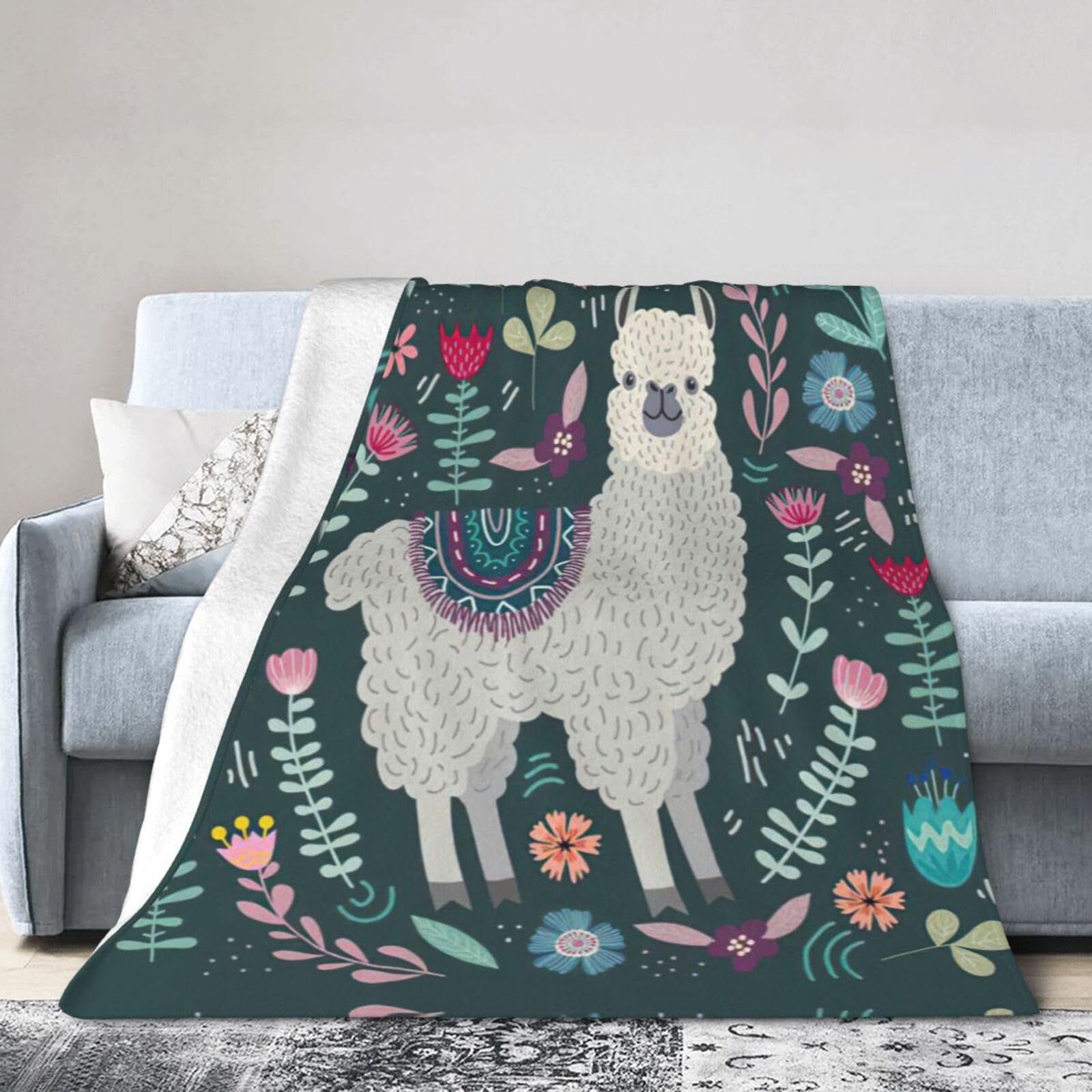 Uusnwaa Soft Cosy Fleece Warm Throw Cute Llama Floral Print Blanket