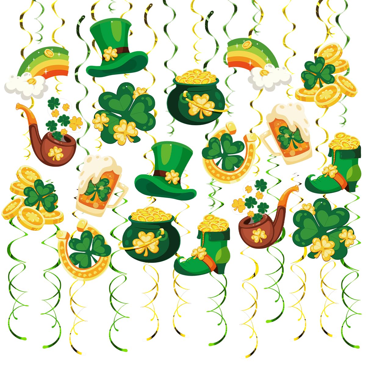 Vsosfiza St. Patrick's Day Party Streamers, 48 PCS Irish Theme Hanging Swirl Decorations - Shamrock, Leprechaun Hat & Pot of Gold for Holiday, Birthday & Party Decor