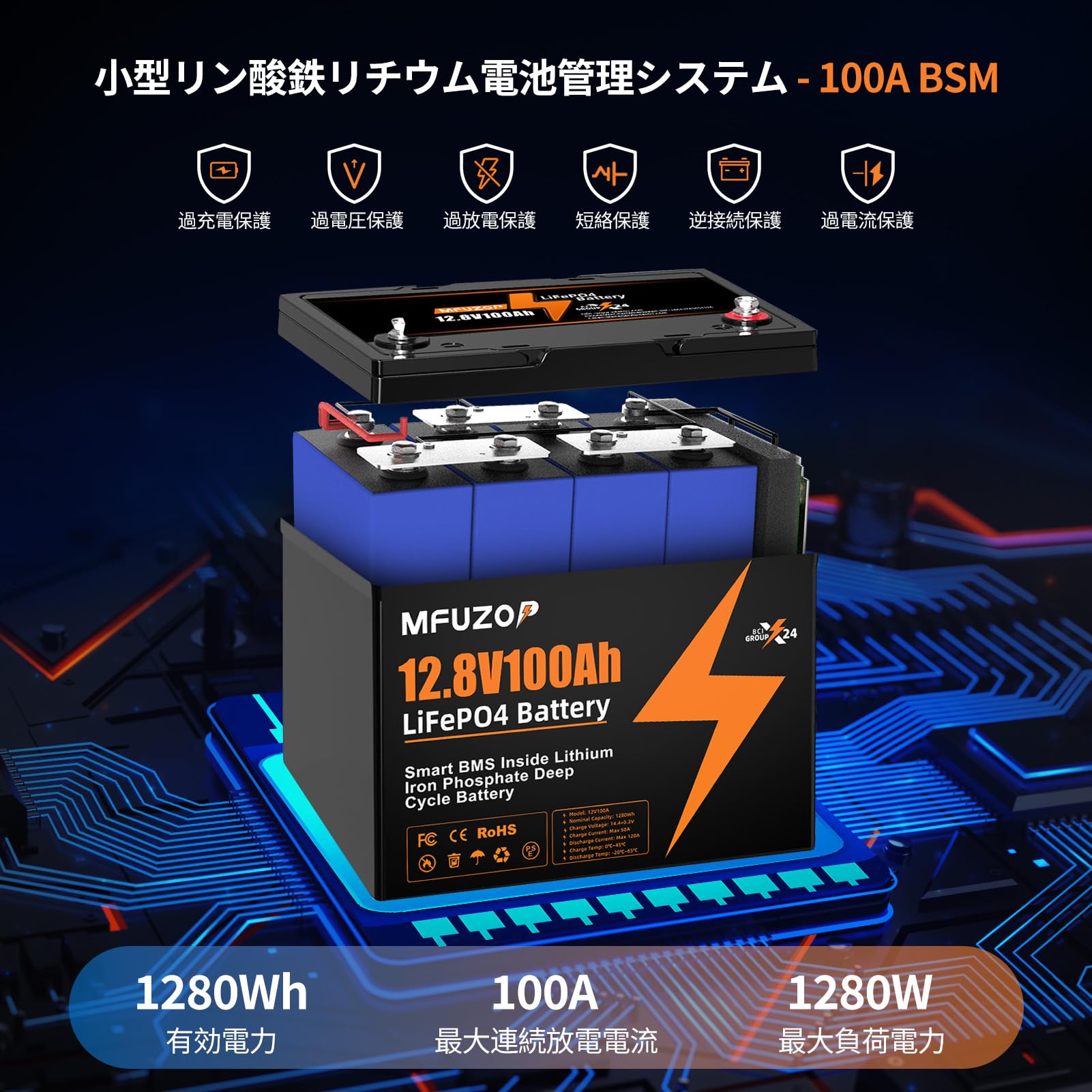 MFUZOP 12.8V 100Ah リン酸鉄リチウムイオンバッテリー 【公式通販】