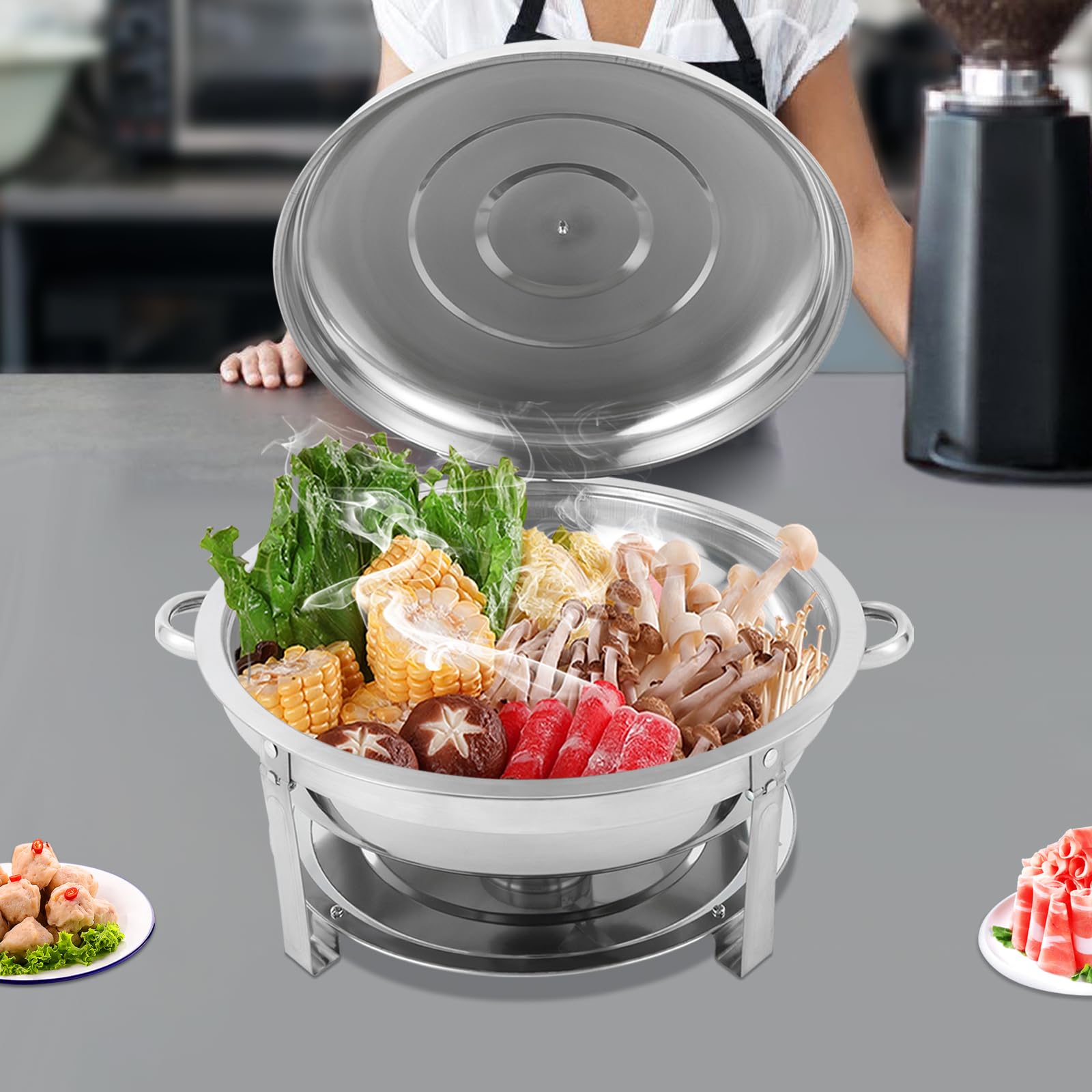 Chafing Dish rotondo 9 l, scaldavivande rotondo con coperchio sospeso, in acciaio inox, per buffet, feste di famiglia, banchetti