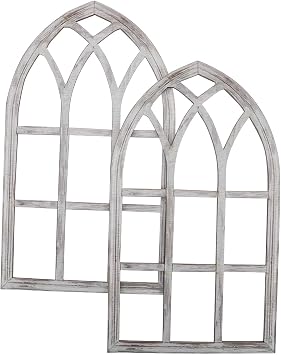 MALUGOGO 2pcs Wood Arch Decor for Shelf with Arched Cathedral Window Frame, Vintage Rustic Wall Decor in Beige, Sturdy Build for Homes and Cafes, Decorative Faux Window Frames