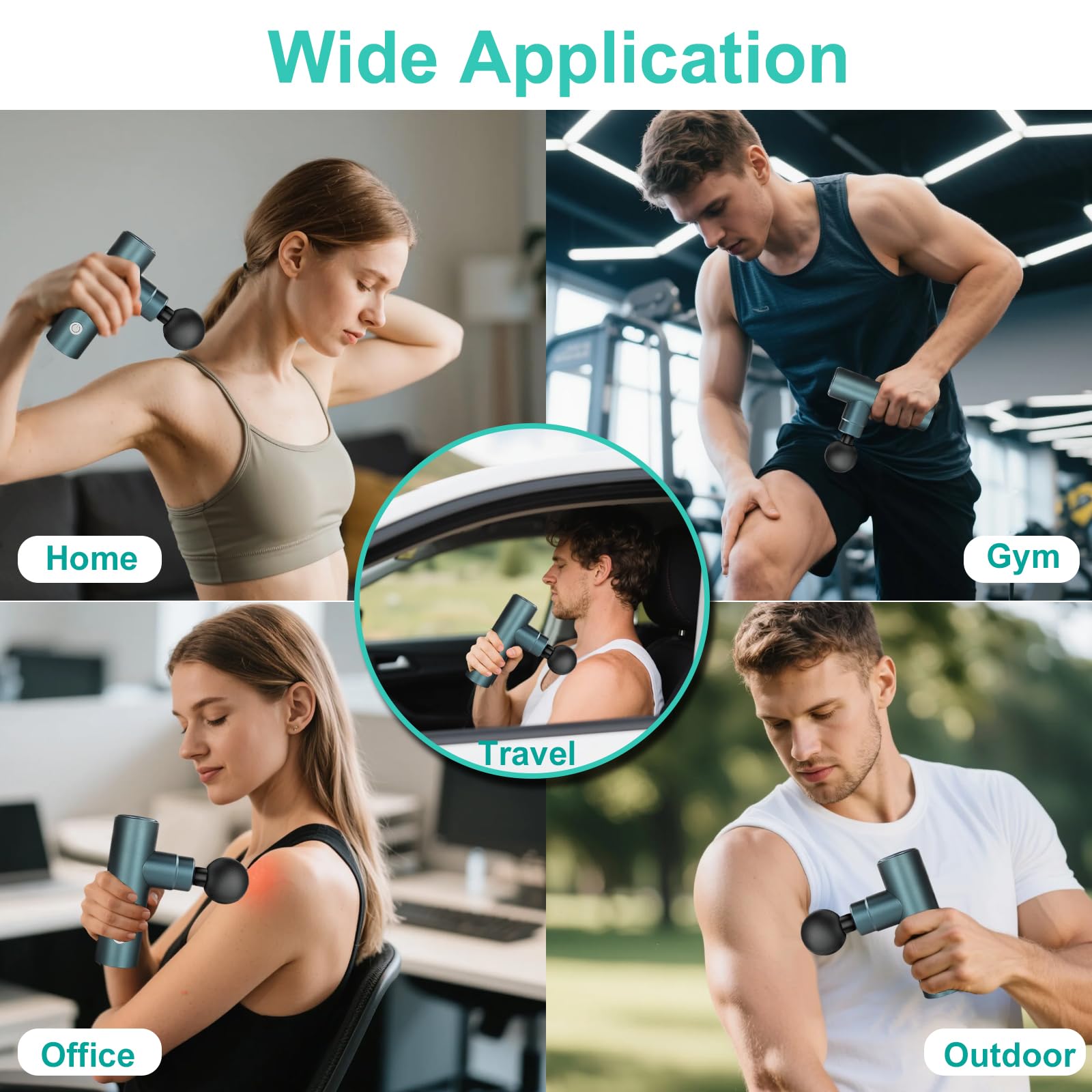 Mini pistolet de massage 3800 tr/min portable pour tissus profonds - Pistolet de massage à percussion musculaire - Pistolet de massage électrique portable avec 4 vitesses et 5 têtes pour la relaxation