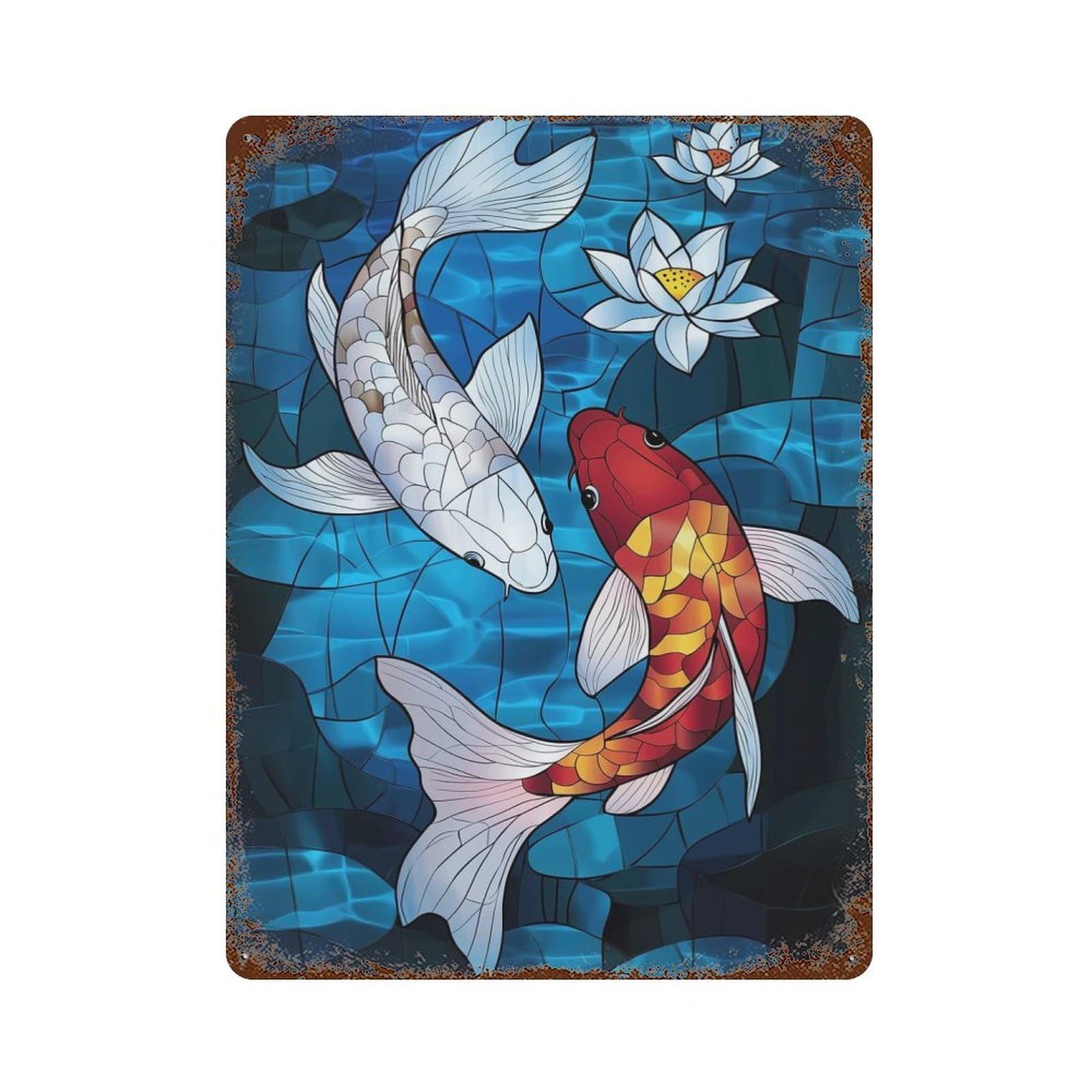Koi Fish Stained Glass Retro Metal Sign 15.7"x11.8", for Pub, Kitchen And Man Cave Decor, Industrial Home Decor