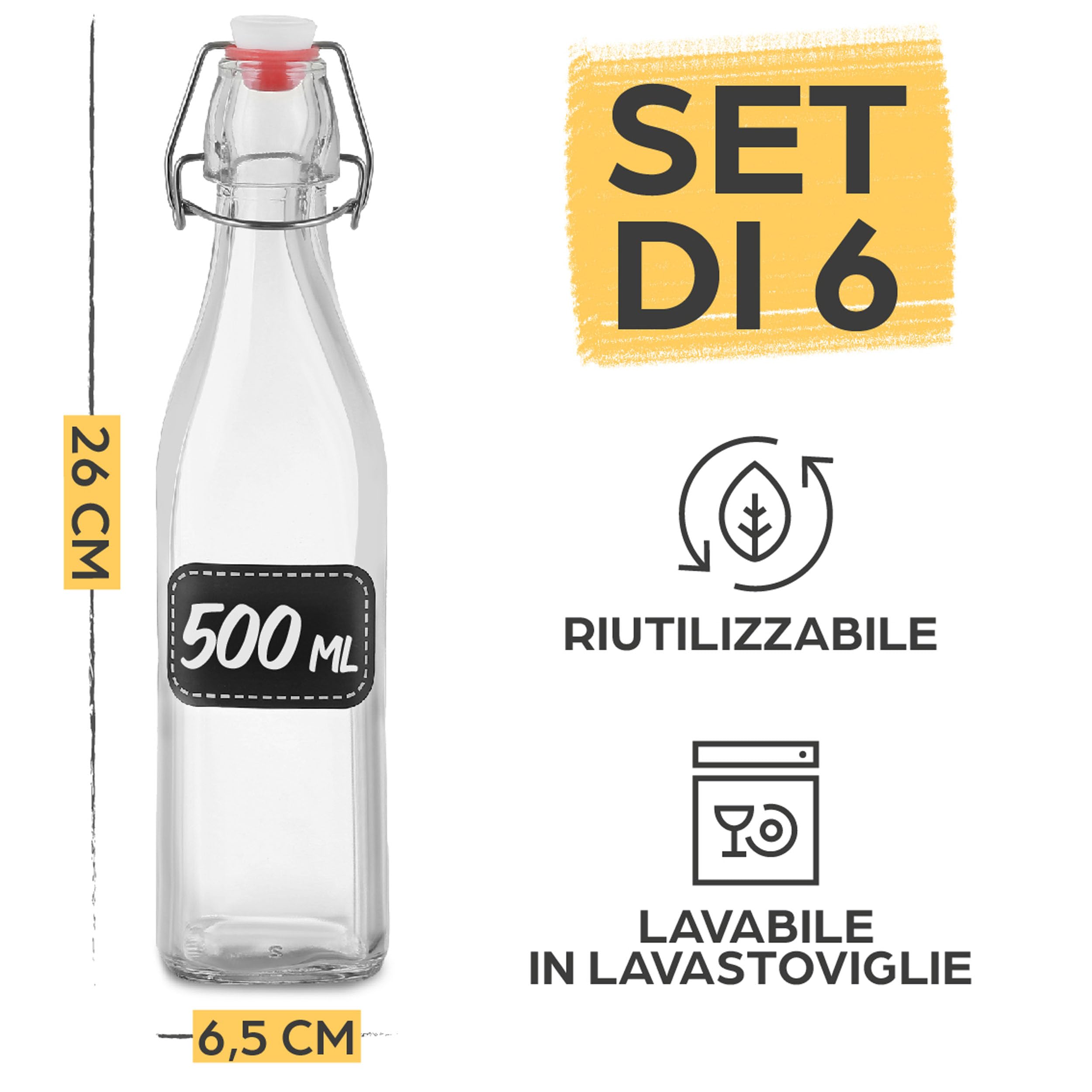 Praknu 6 Bottiglie Vetro 500ml con Tappo Ermetico - 6 Etichette e Penna - 6 Guarnizioni Extra - per Liquore, Olio, Birra & Vino