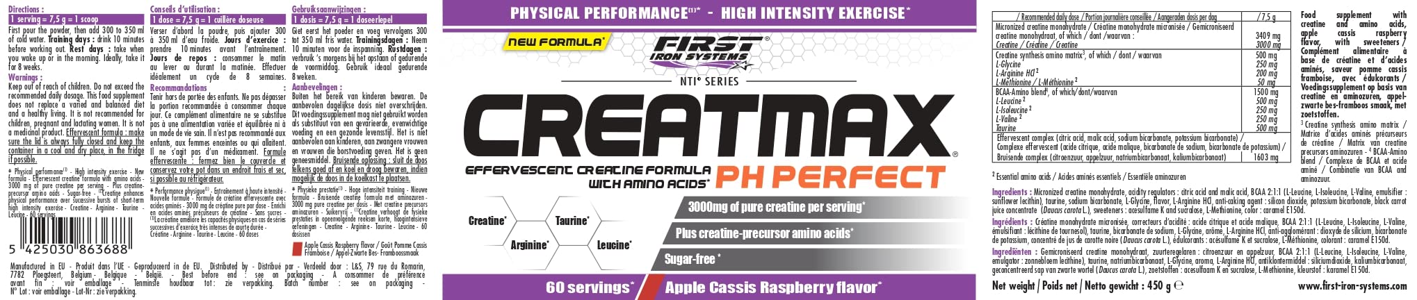Creatmax PH Perfect (Pomme cassis framboise,creatine effervescente, performance, prise de masse sans stimulant))