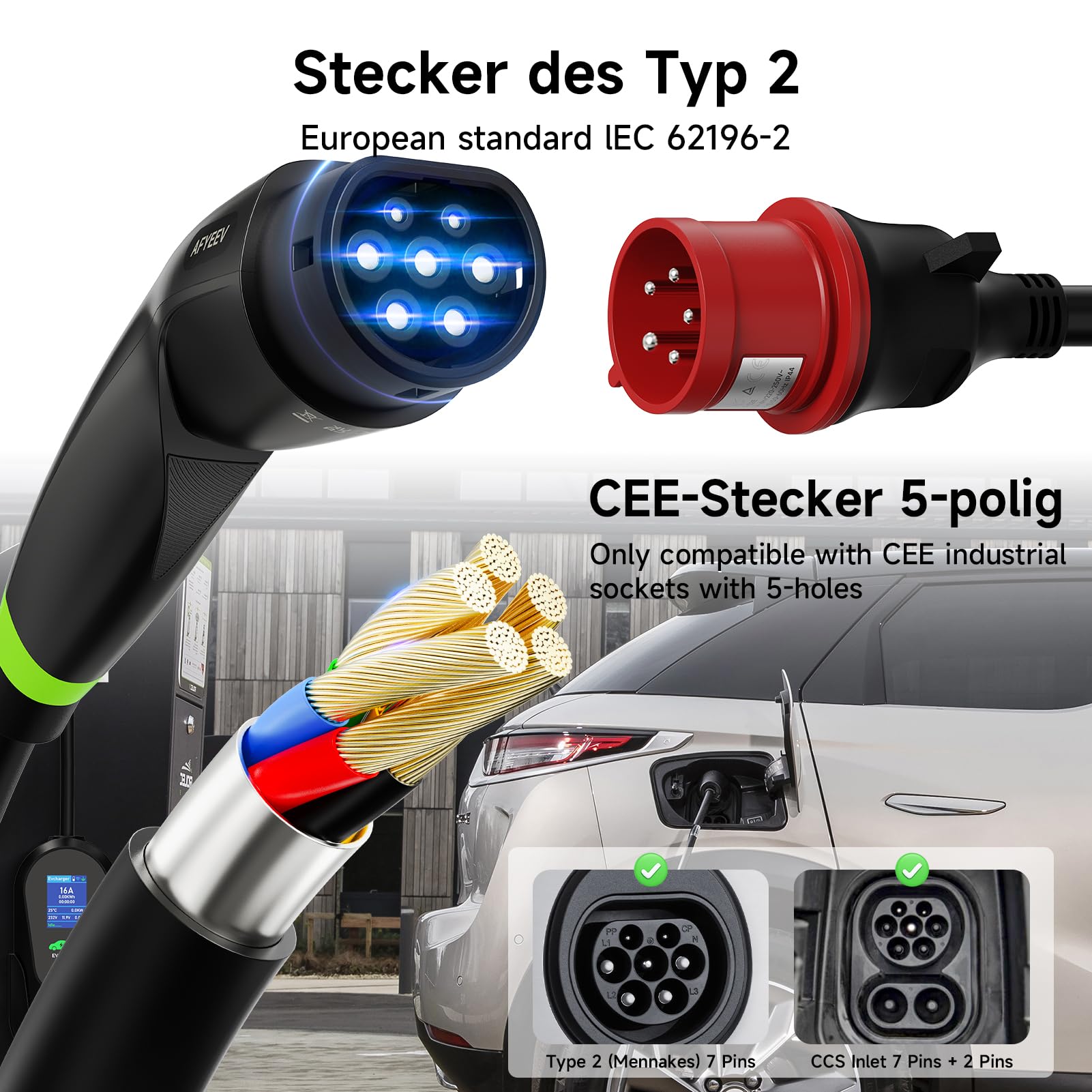 Cable de Carga Tipo 2, 11 kW, trifásico, 7 m, 6 – 16 A | estación de Carga móvil con Enchufe CEE, Potencia de Carga Ajustable Cargador EV para IEC 62196 – 2