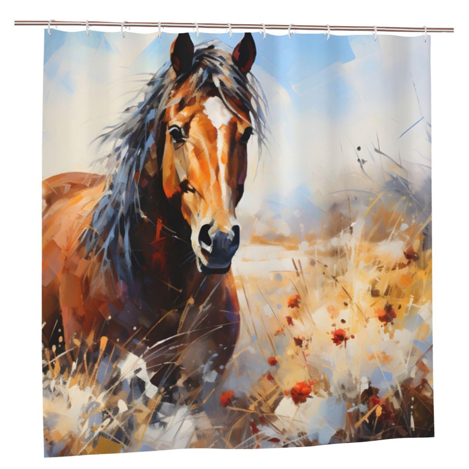 Rideau de douche tissu imperméable motif cheval avec oeillets 183 x 183 cm