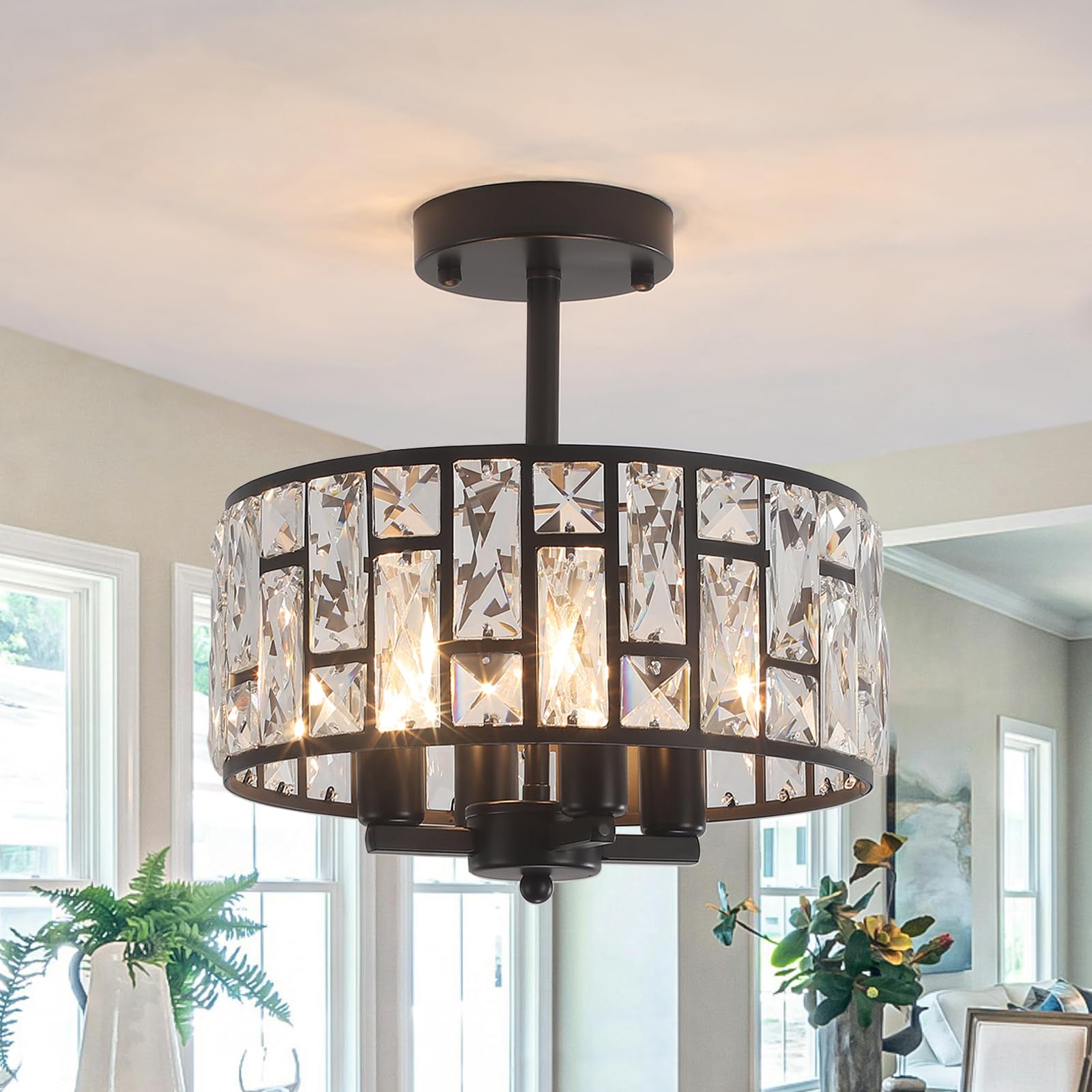 Rviezza Black Crystal Ceiling Lights, 4-Light E14 Modern Crystal Chandelier, Semi Flush Mount Chandeliers Ceiling Light for Living Room, Dining Room, Kitchen, Hallway