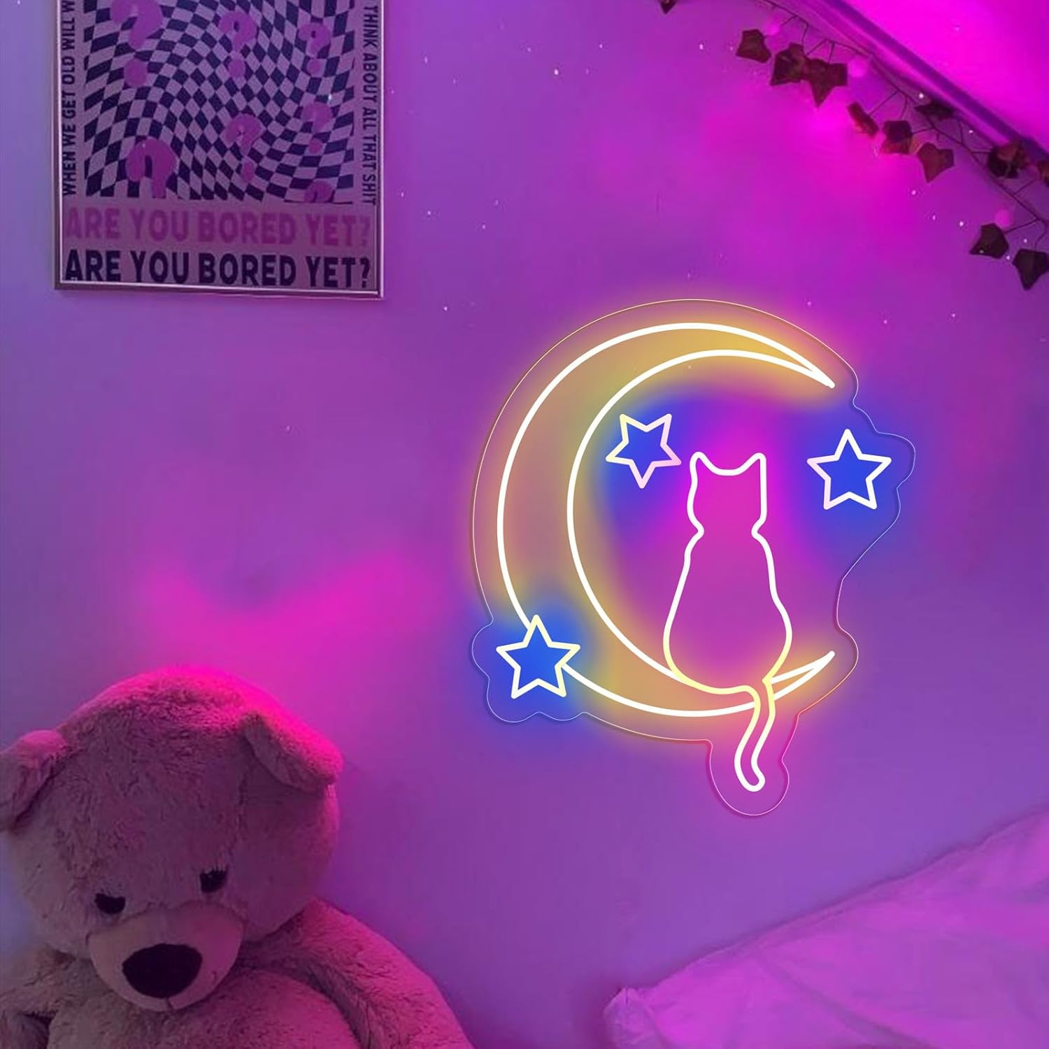 Moon Cat Neon Sign for Wall Decor USB Powered Led Cute Cat Moon Neon Light for Kids Bedroom Wall Decor Led Wall Art for Pet Shop Birthday Party Gift for Kids(14inch*12inch) - Image 3