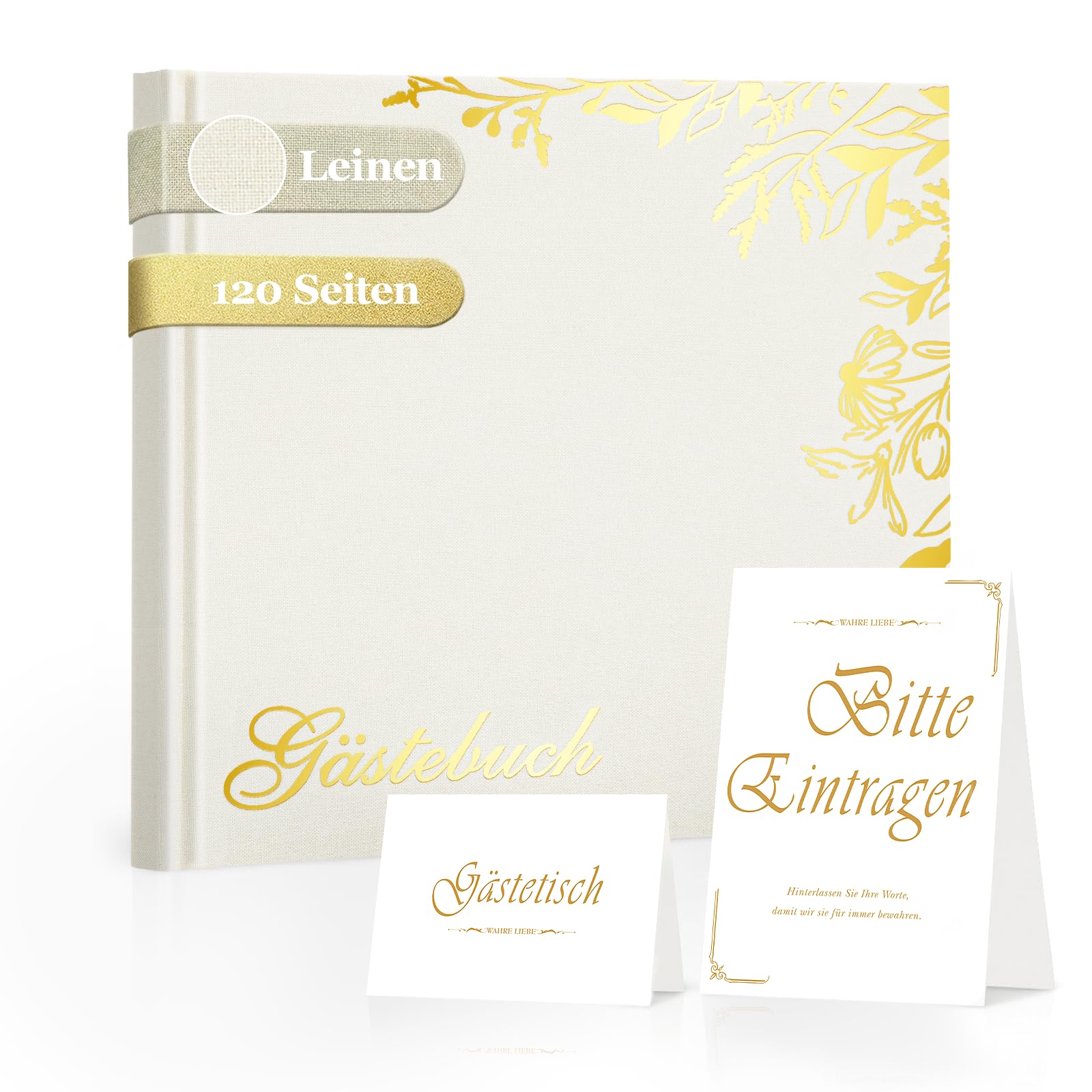 Gästebuch Hochzeit Set, Elfenbein Leinen Hardcover, Goldfolie, 120 Seiten | 20x20 cm, Tischschild, Willkommenskarte, Für Hochzeit, Geburtstag, Taufe, Jubiläum Und Party