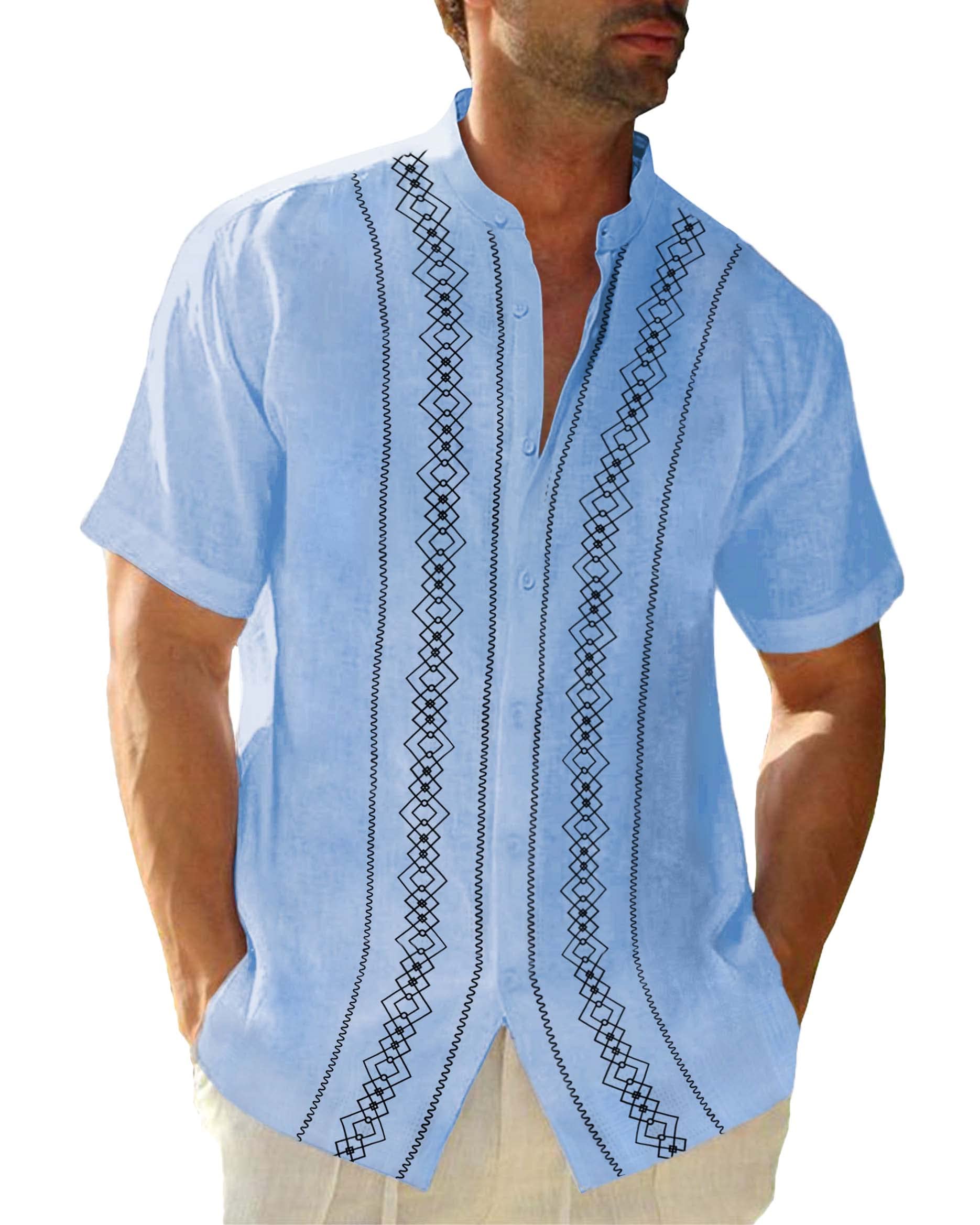 Cuban Guayabera Shirts for Men Short/Long Sleeve Casual Button Down Shirt Band Collar Beach Camp Mexican Shirt