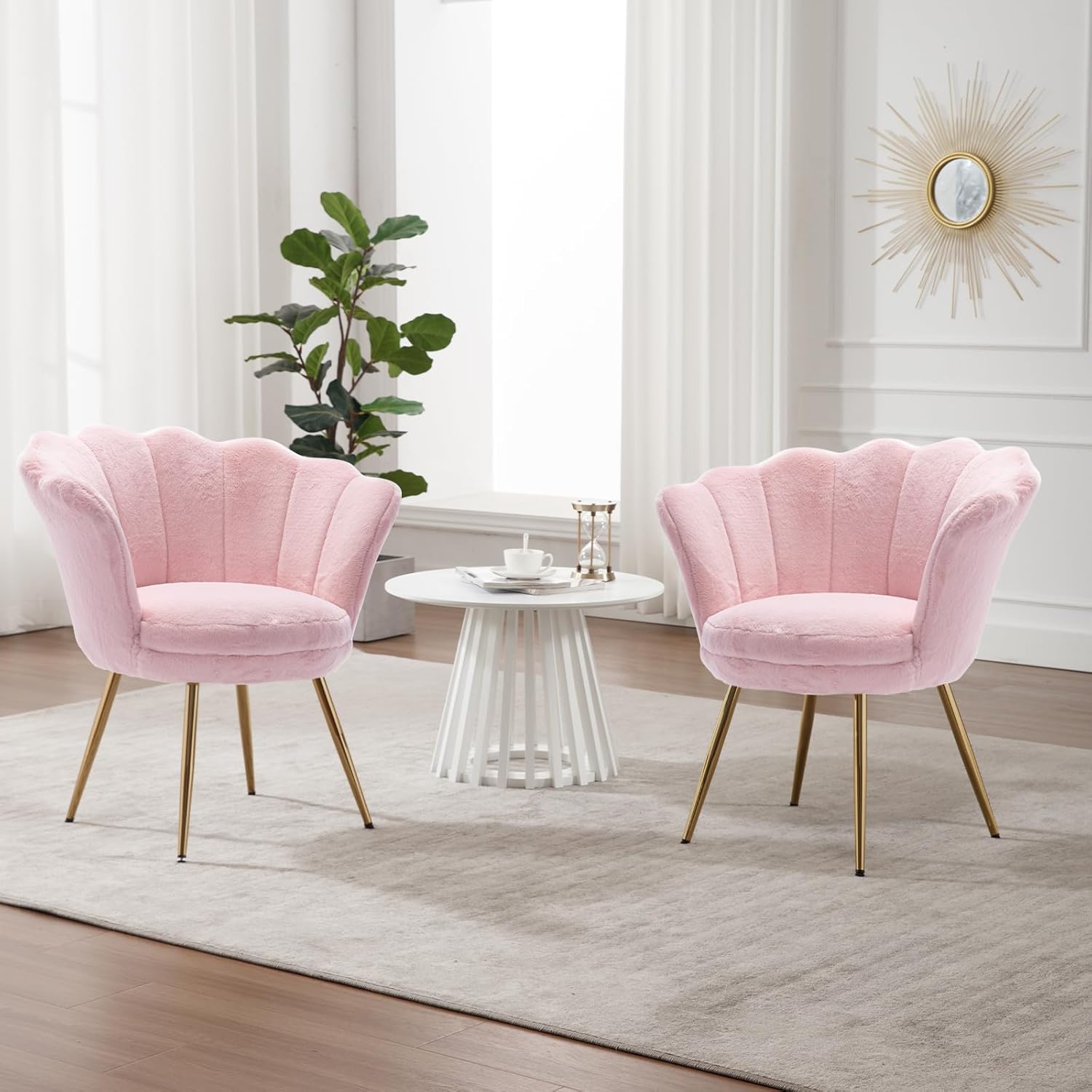 chairus Pink Makeup Vanity Chair with Back, Modern Faux Fur Upholstered Small Accent Chair with Gold Metal Legs, Cute Shell Shaped Vanity Stool Desk Chair for Living Room Bedroom Dressing Room