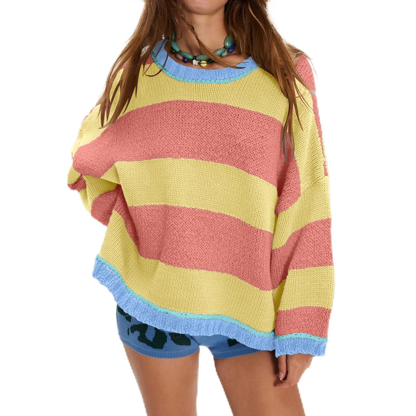 Women Striped Sweater Colorblock Drop Shoulder Chunky Knit Pullover Fall Winter Tops