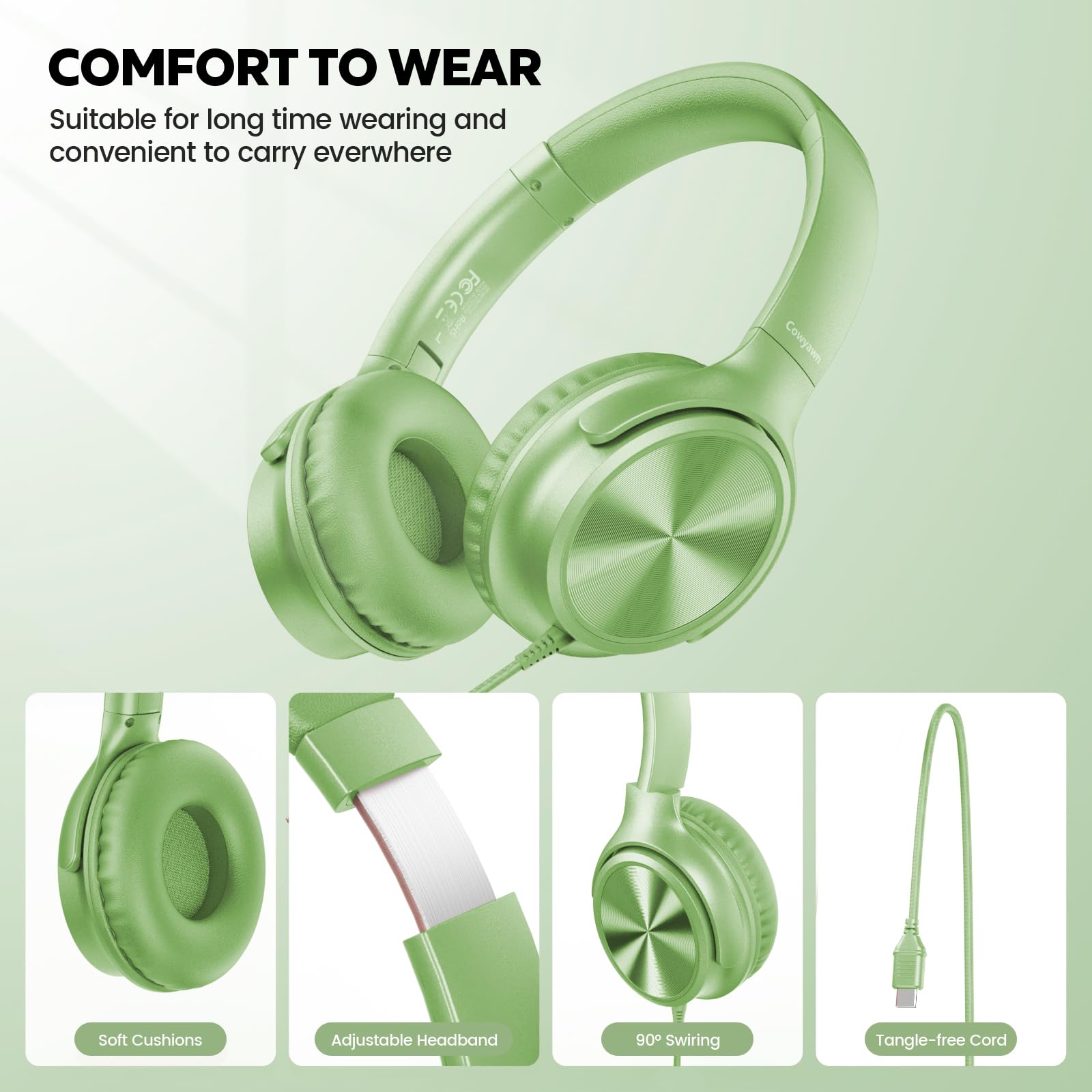 Cowyawn Cuffie USB C cablate, over-ear, con cavo USB C, con microfono, controllo del volume, suono stereo HD, cuffie pieghevoli USB di tipo C per adulti/ragazzi/laptop/computer/iPhone 15/16/17, verde