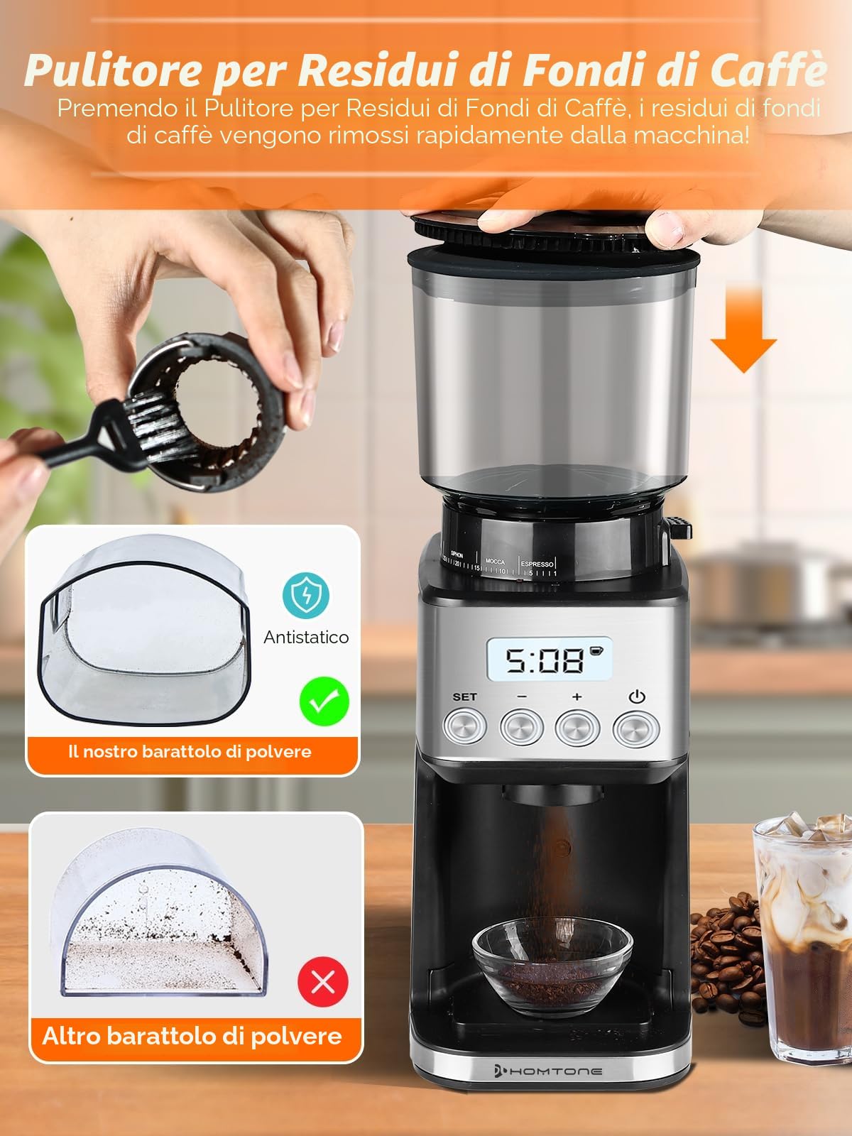 Homtone Macinacaffè Elettrico con 51 Livelli di Macinatura Regolabili, Macine Coniche in Acciaio Inox, Tecnologia Antistatica, per Espresso, Caffè Filtro e French Press, 160W (Argento)