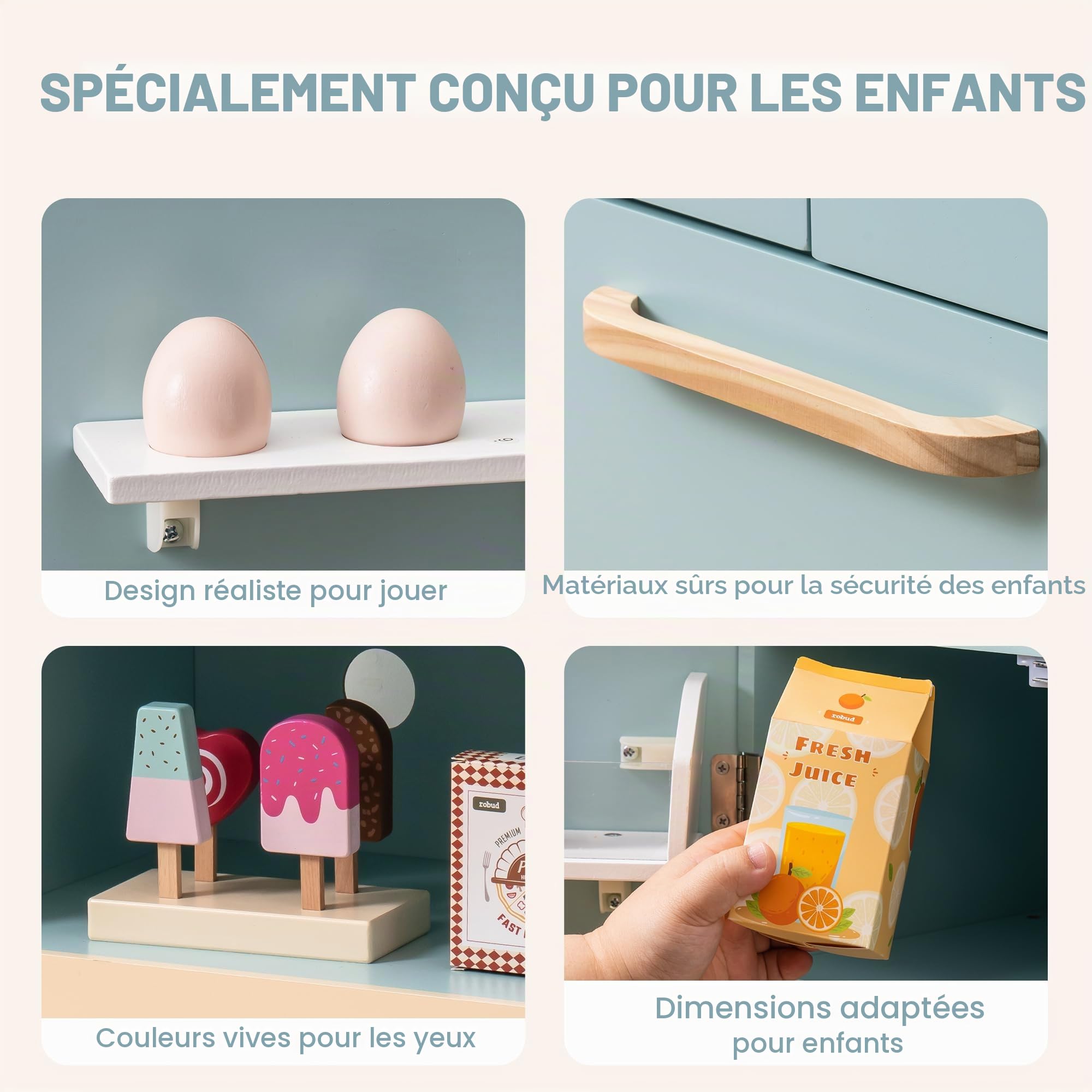 ROBUD Réfrigérateur en Bois réaliste et interactif avec bac à glaçons et Jouets Alimentaires, Convient aux Enfants à partir de 3 Ans